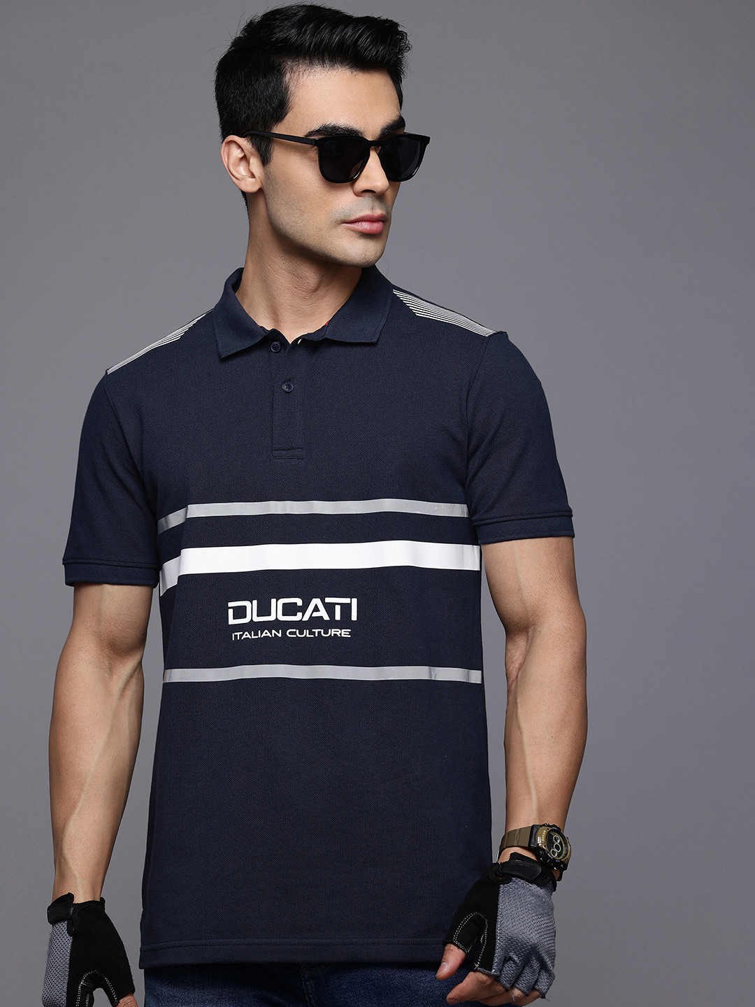 Ducati Brand Logo Print Polo Collar Pure Cotton T-shirt with Reflective Detail
