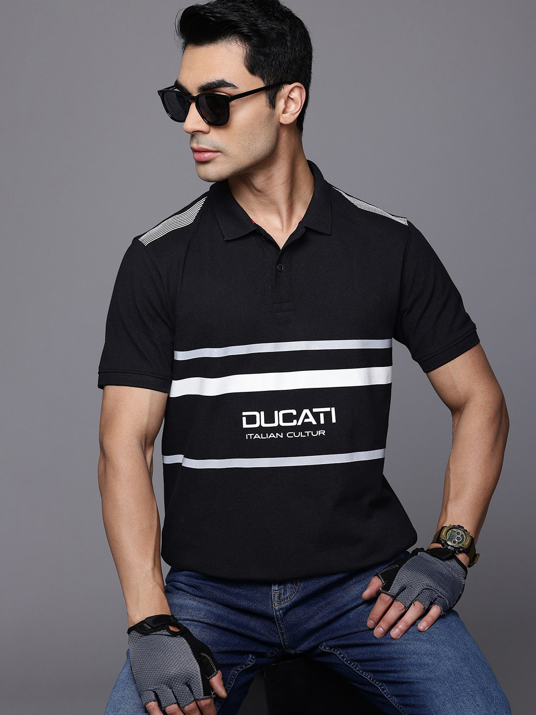 Ducati Brand Logo Print Polo Collar Pure Cotton T-shirt with Reflective Detail