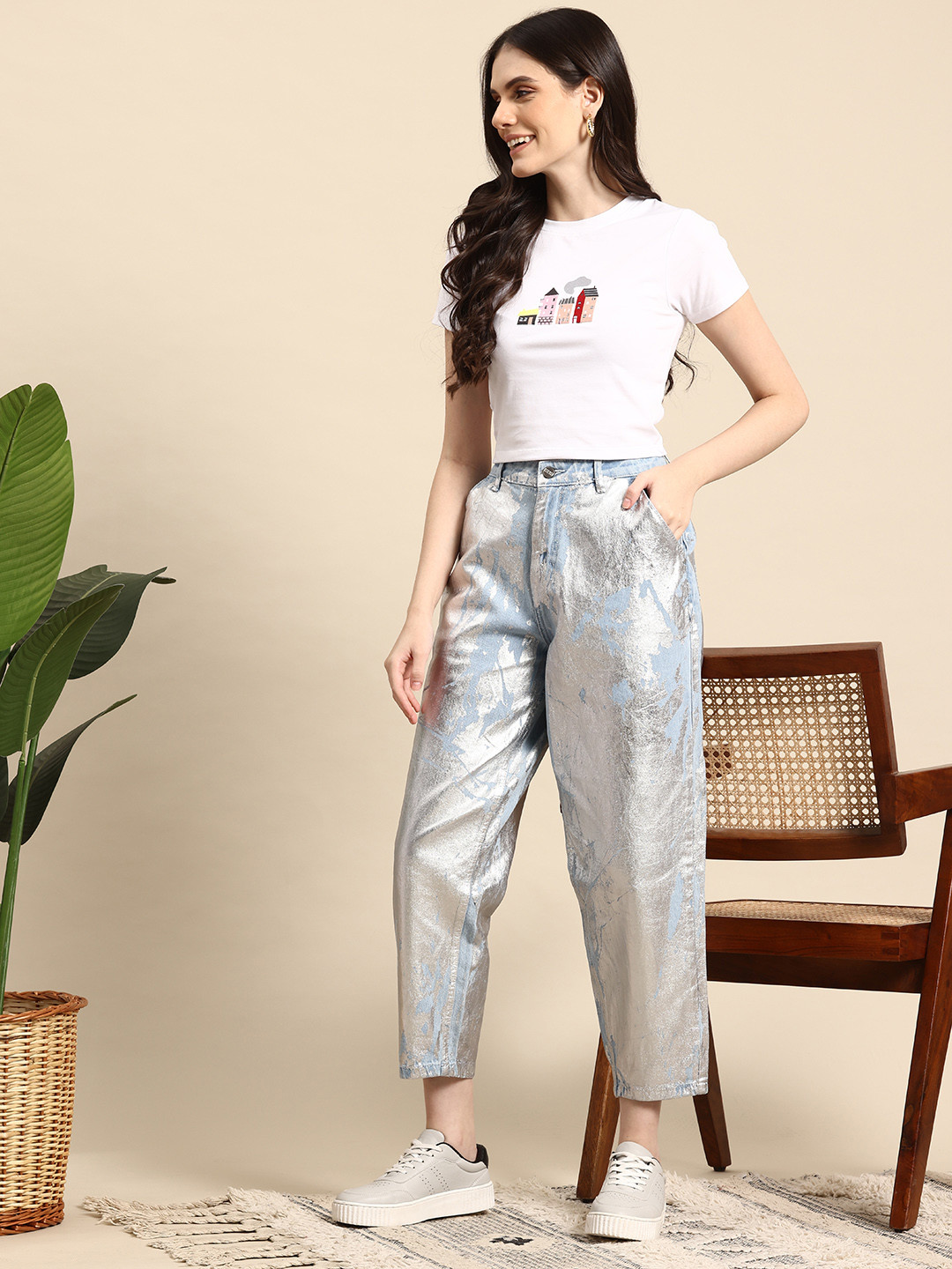 Mast & Harbour Women Pure Cotton Relaxed Fit Foil Print Jeans