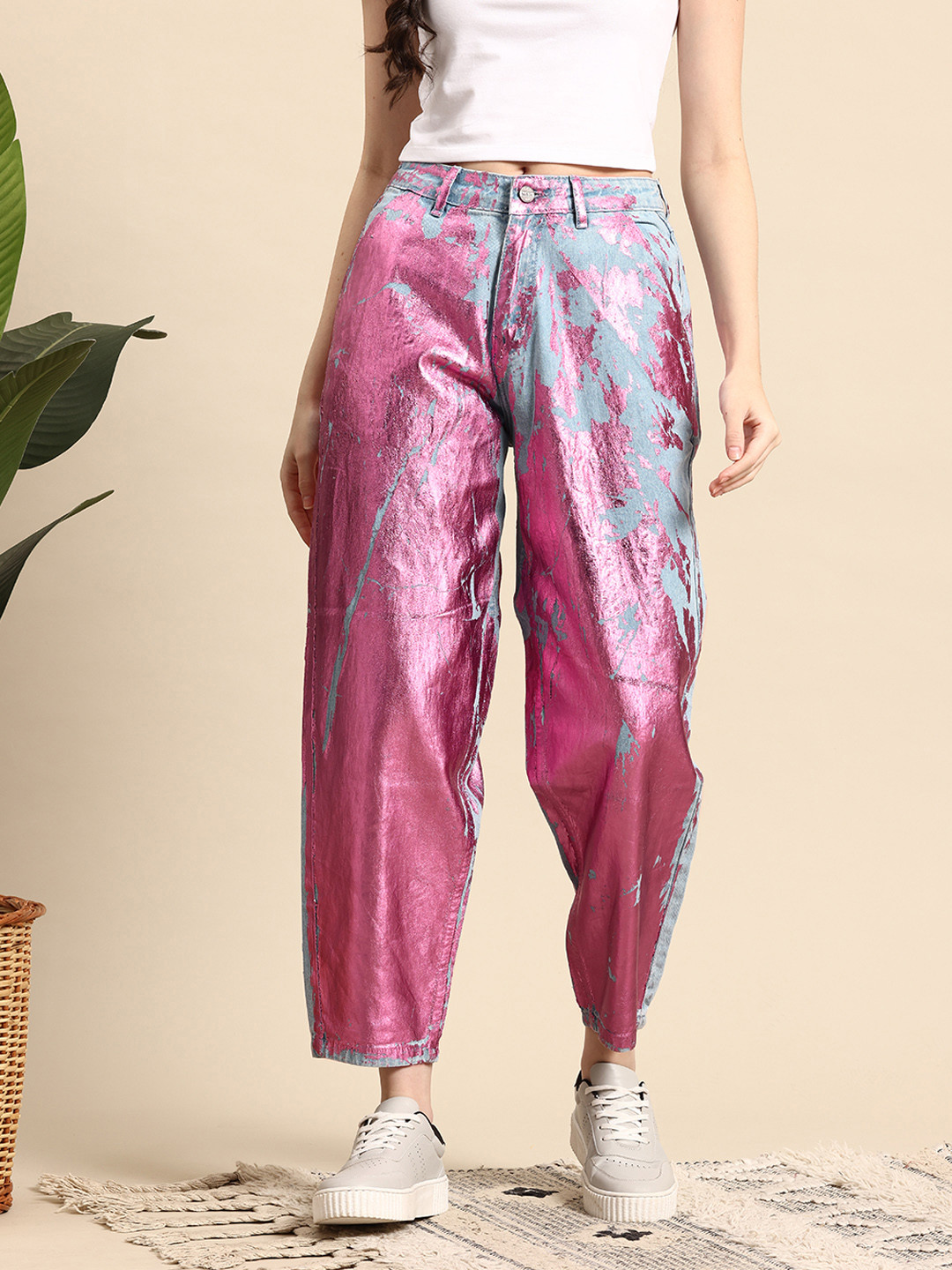 Mast & Harbour Women Pure Cotton Relaxed Fit Foil Print Jeans