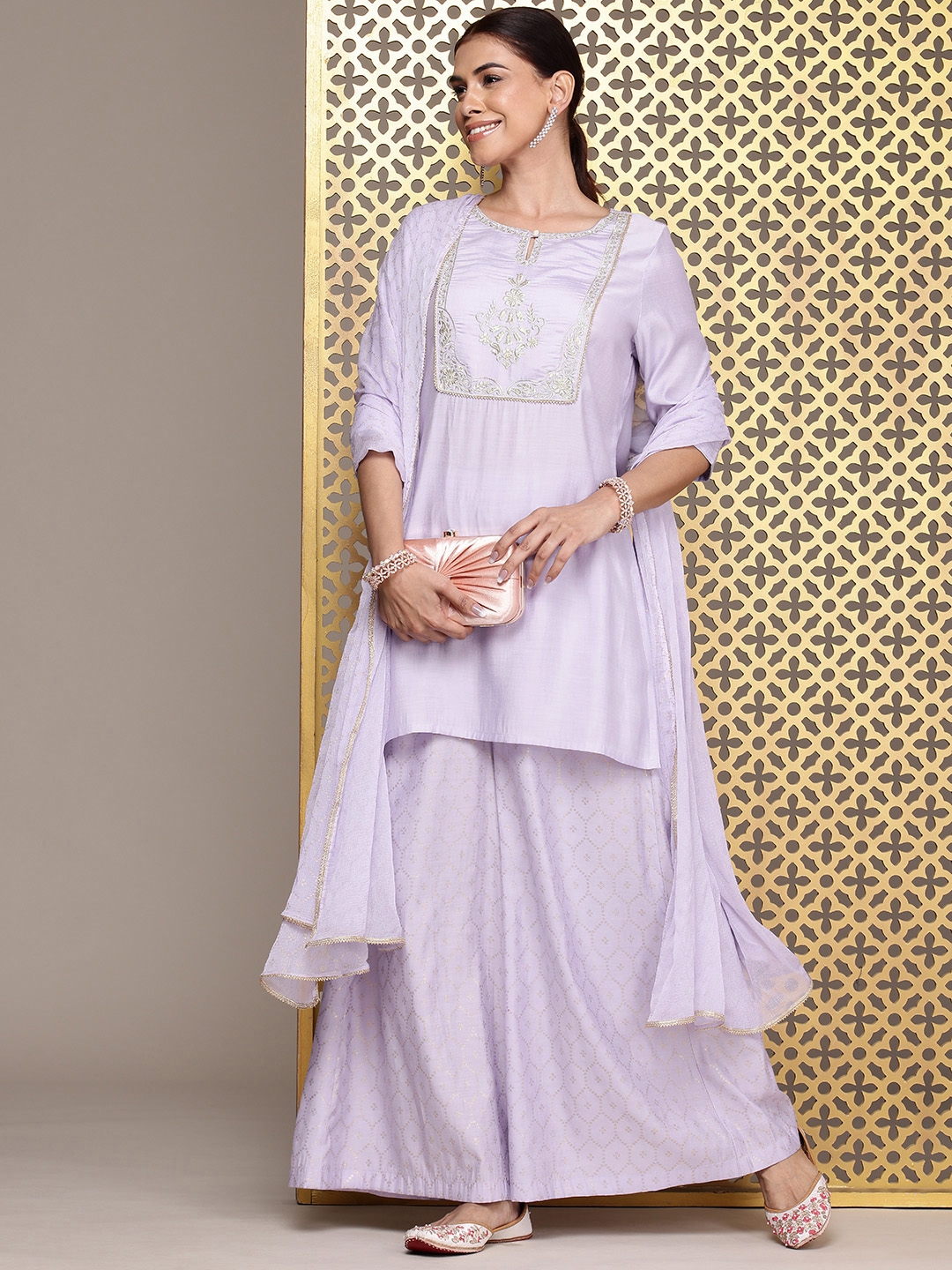 House Of Pataudi Ethnic Motifs Embroidered Sequinned Jashn Kurta With Palazzos & Dupatta - Kurta Sets for Women 30450201 | Myntra