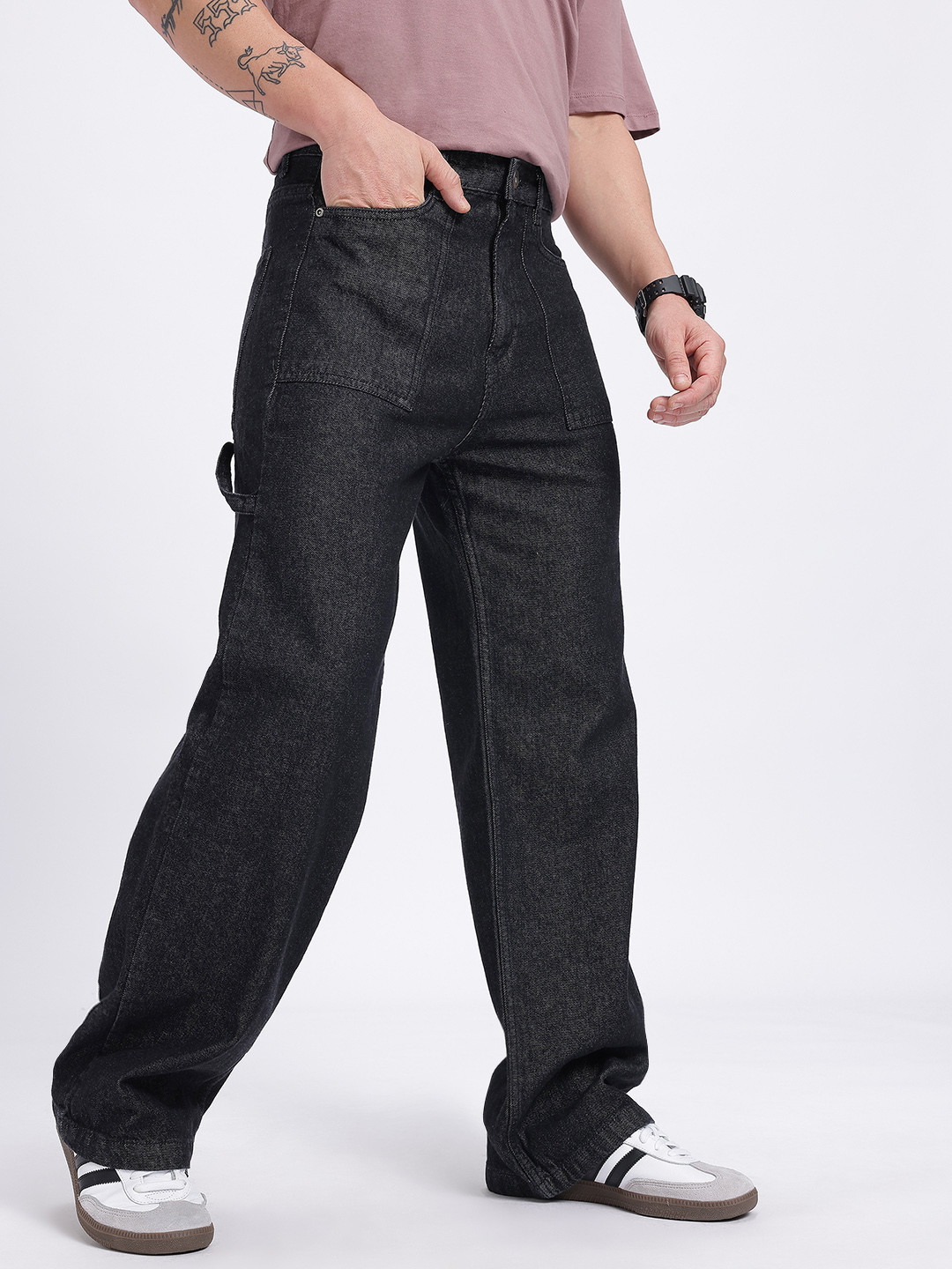 Kook N Keech Men Strap Detail Loose Straight Fit  Jeans