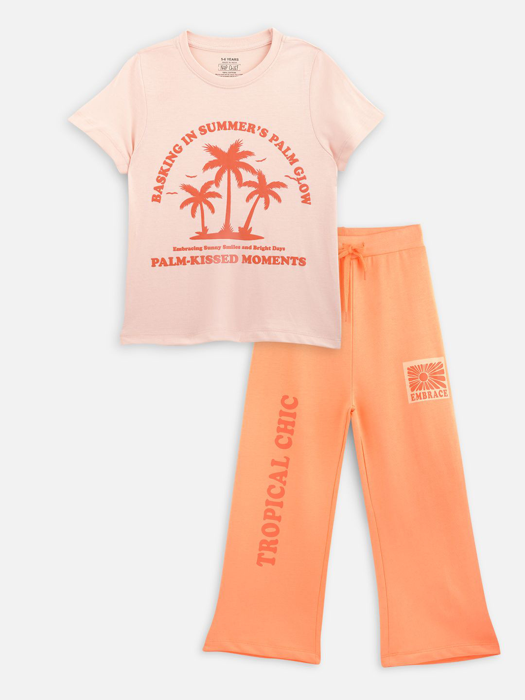 Nap Chief Girls Tropical Chic Printed Pure Cotton Relaxed Fit T-shirt With Trousers