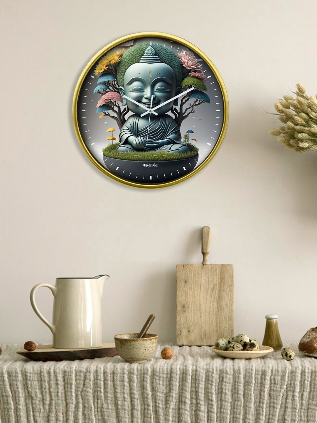 OLIVE TREE White Plastic Large Display Round Battery Analogue Budda Wall Clock-30.5cm