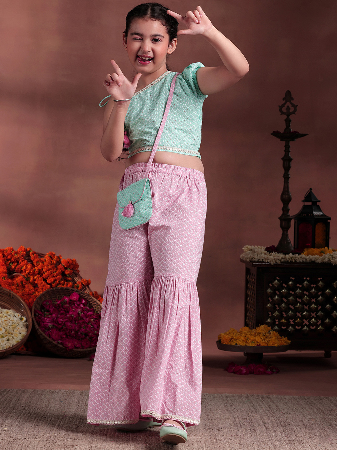 Libas KIDS Girls Printed Pure Cotton Top & Sharara With Hand Bag