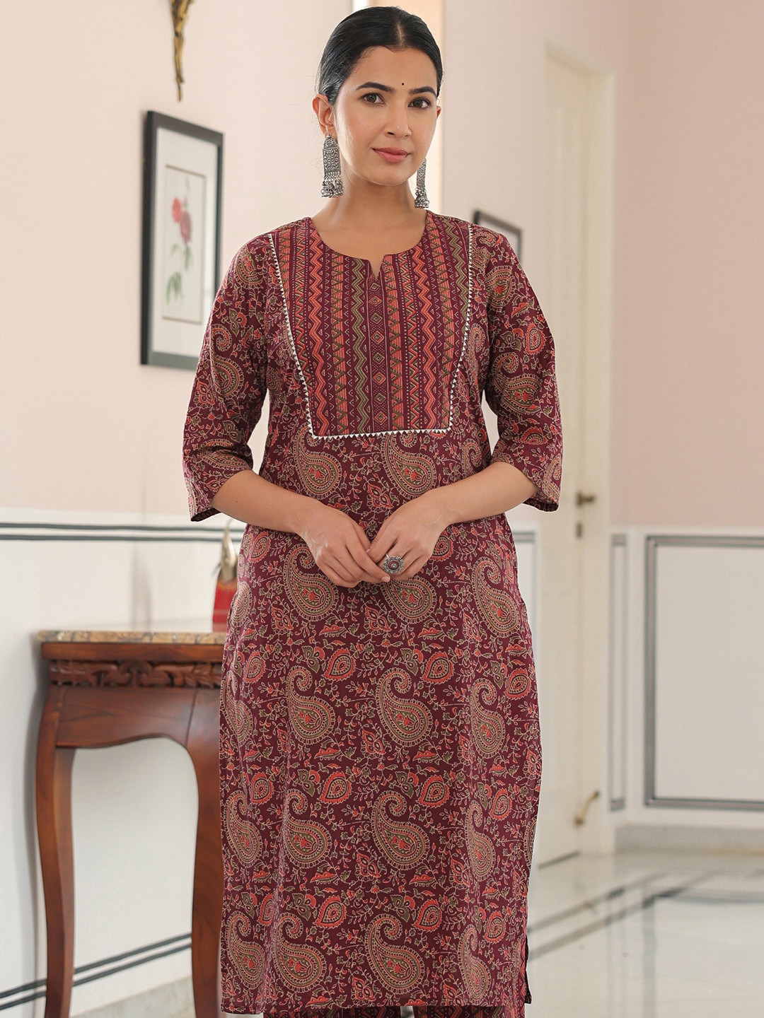 Aramya Paisley Printed Patchwork Pure Cotton Straight Kurta with Trousers