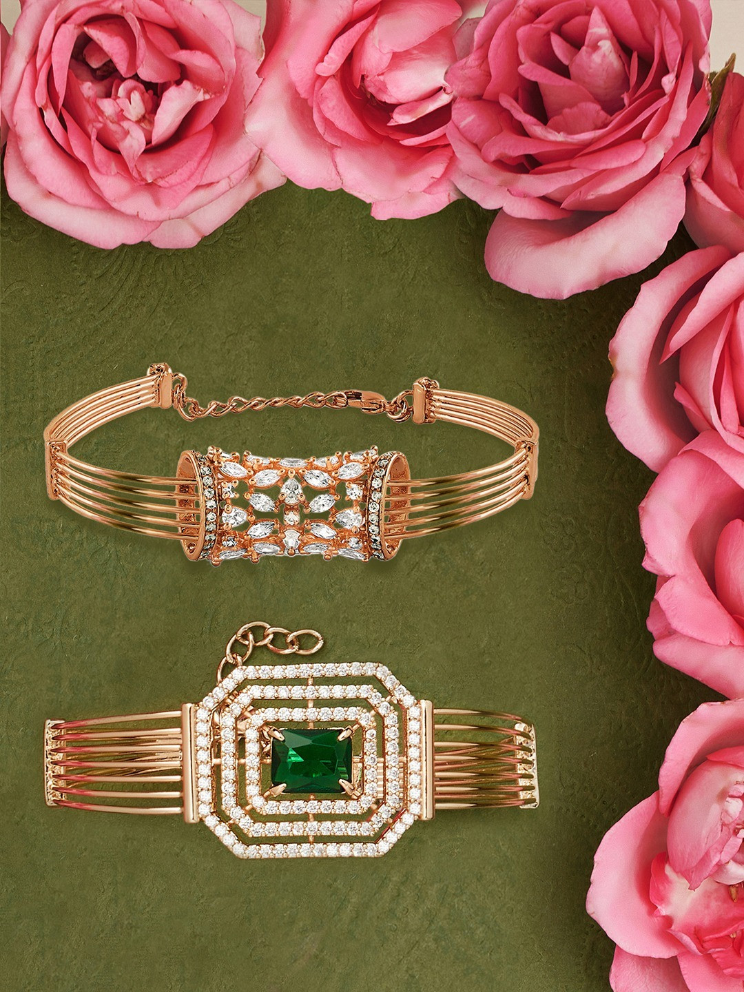 AMI Women 2 Brass Cubic Zirconia Rose Gold-Plated Kada Bracelet