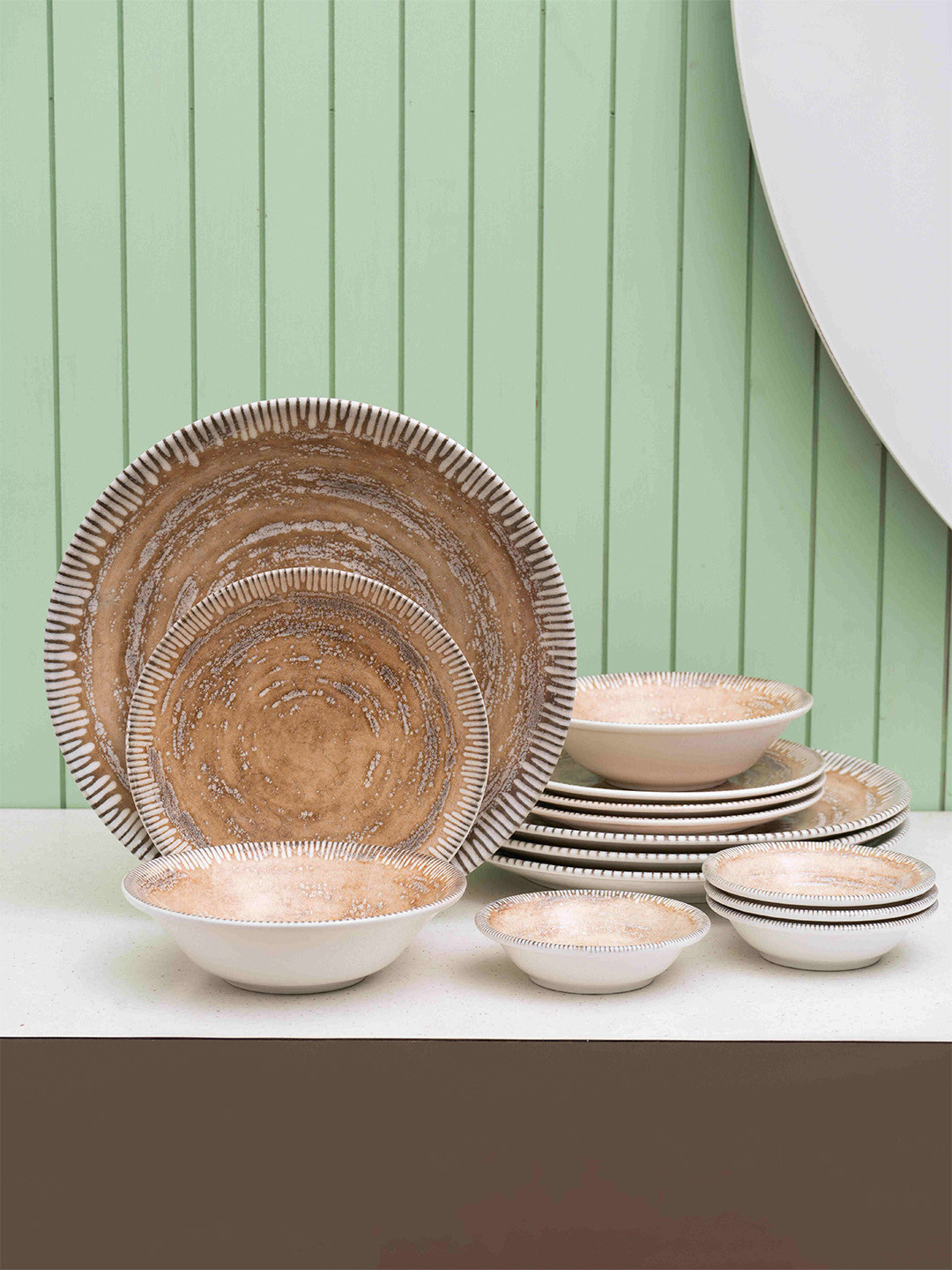 JCPL Textures Set Of 14 Brown Printed  Dinner Set