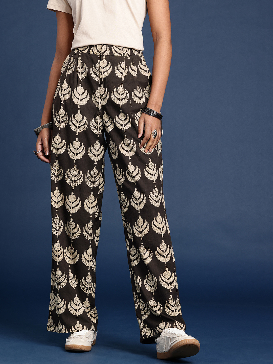 Taavi Hand Block Printed Relaxed Straight Leg High-Rise Pleated Cotton Trousers