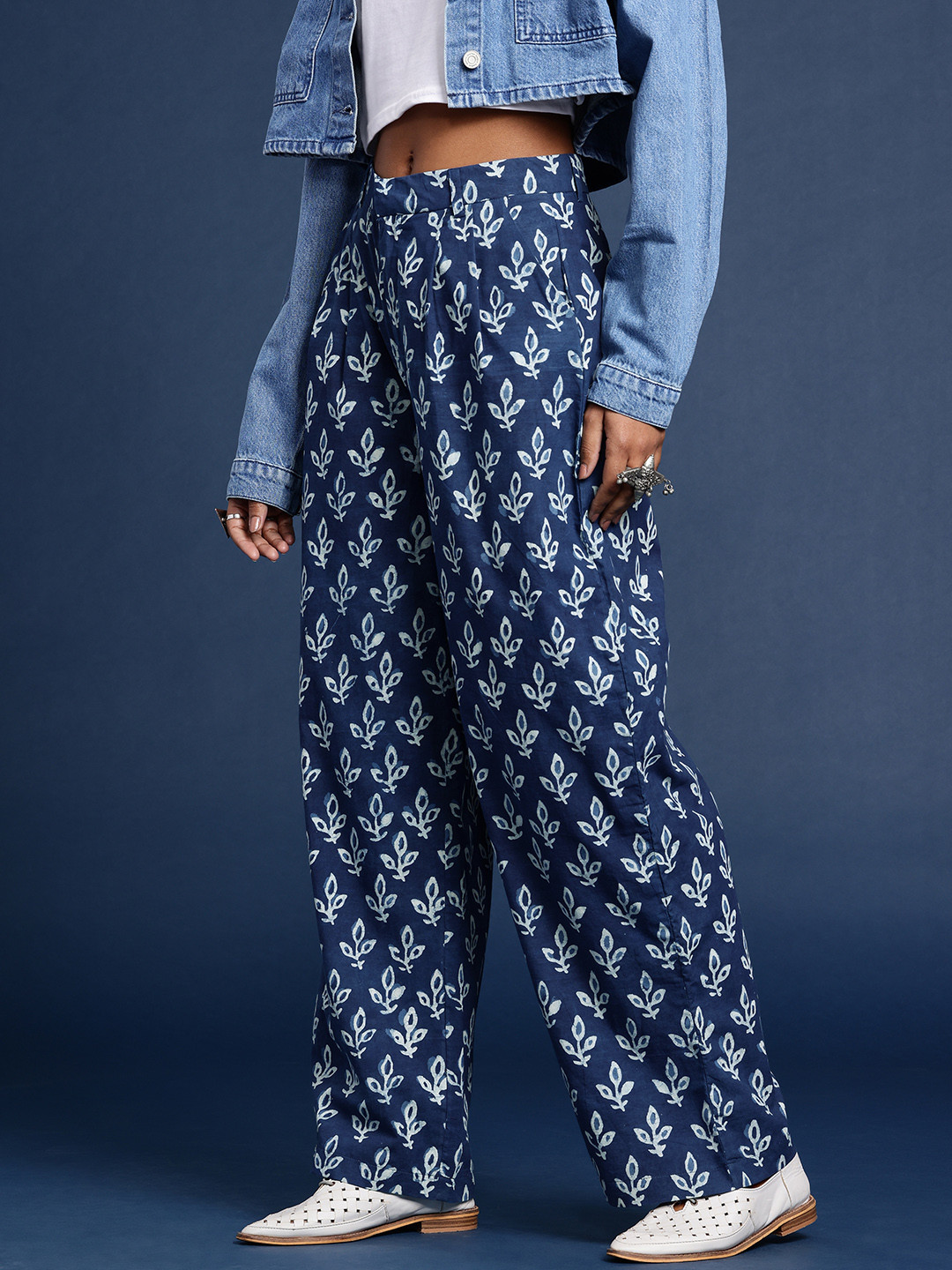 Taavi Ethnic Motifs Printed Indigo Relaxed Straight Leg High-Rise Pleated Cotton Trousers
