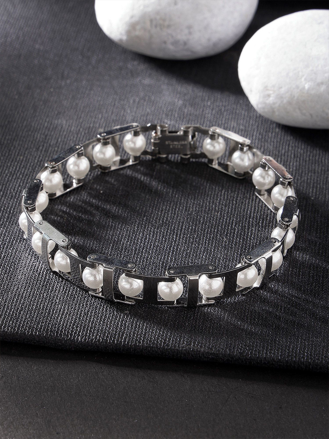 Bohey by KARATCART Men Pearls Handcrafted Silver-Plated Link Bracelet