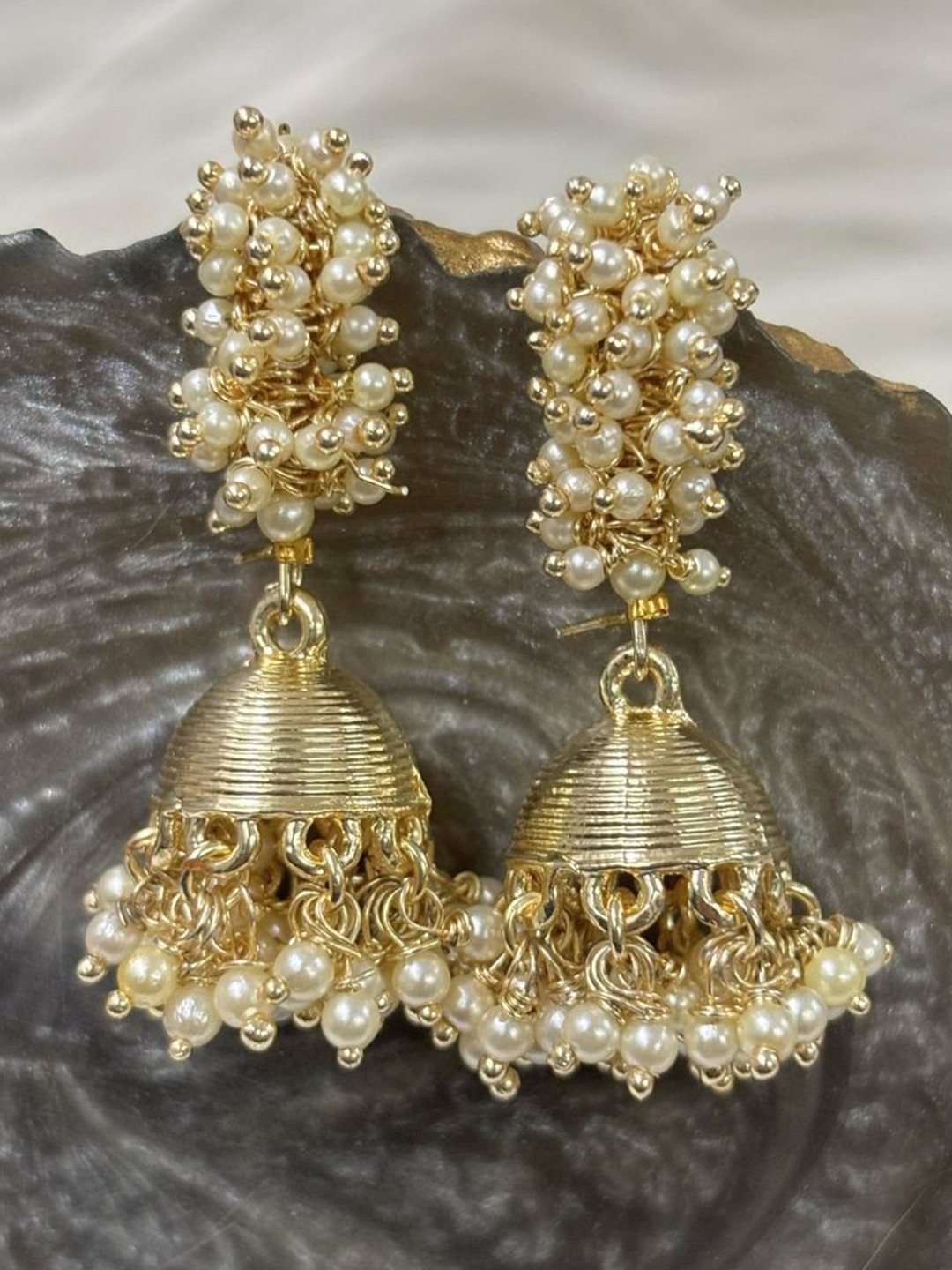 BDIVA 18K Gold Plated Dome Shaped Pearls Beaded Jhumkas