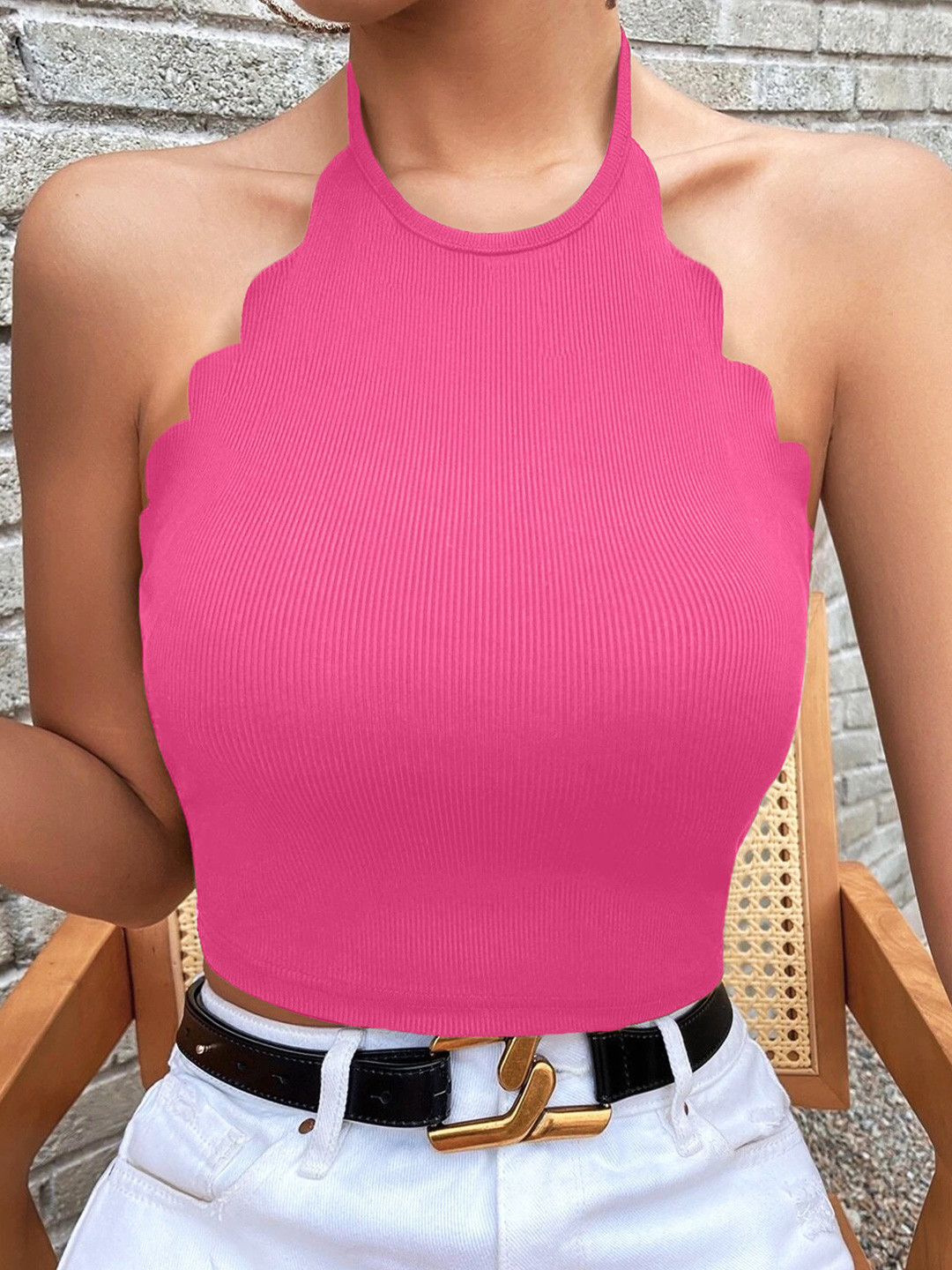 Stylecast X Slyck Solid Pattern Tie-Up Neck Fitted Crop Top