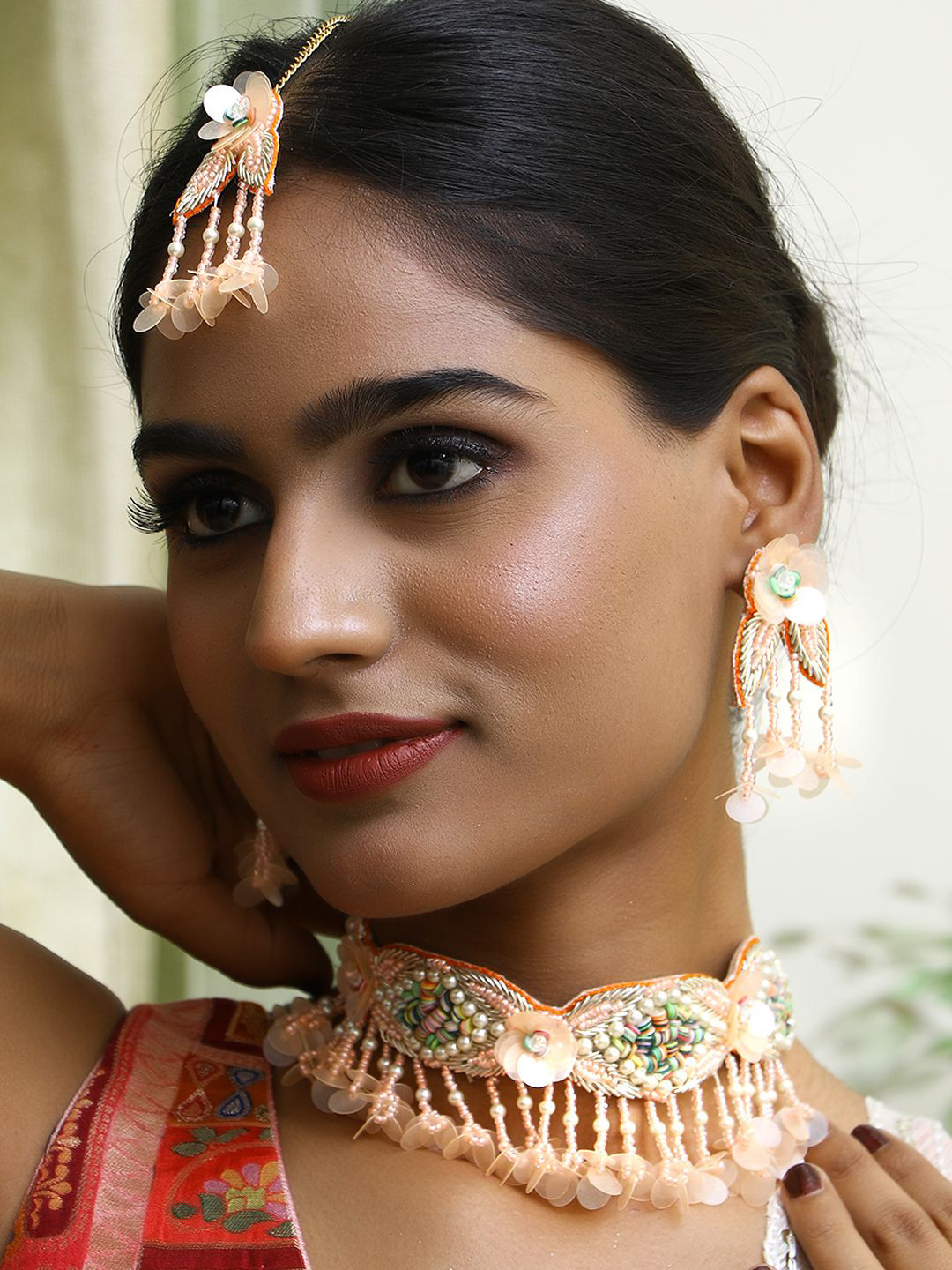 Adwitiya Collection Beaded With Mangtika Jewellery Set