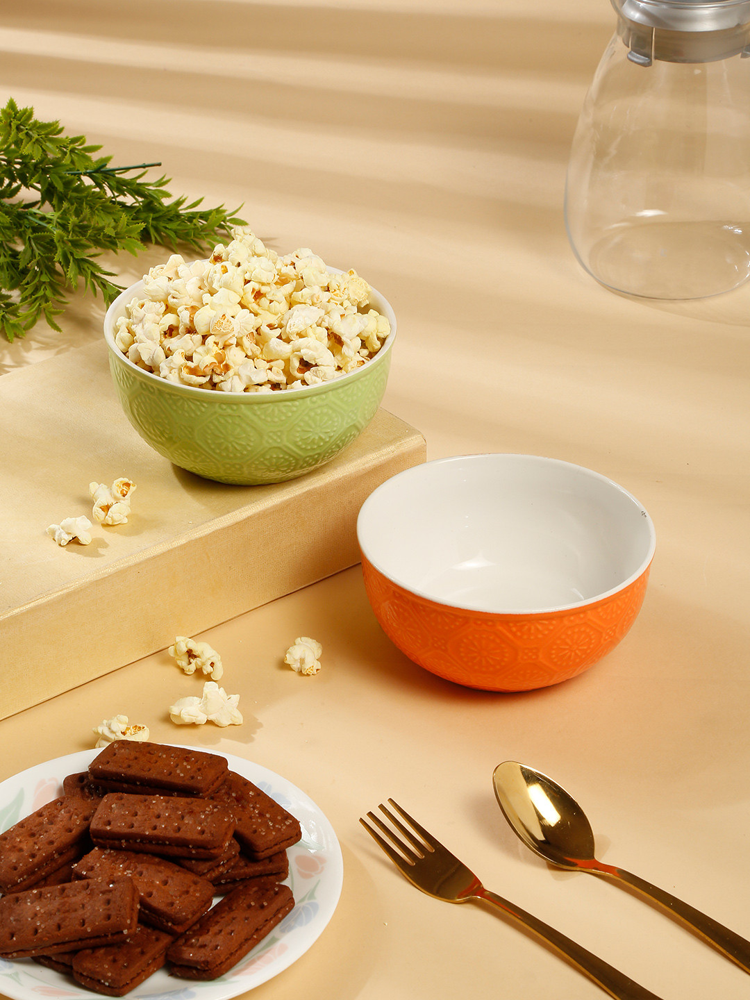 Arrabi 2 Pcs Olive Green & Orange Colored Printed Ceramic Serving Bowls