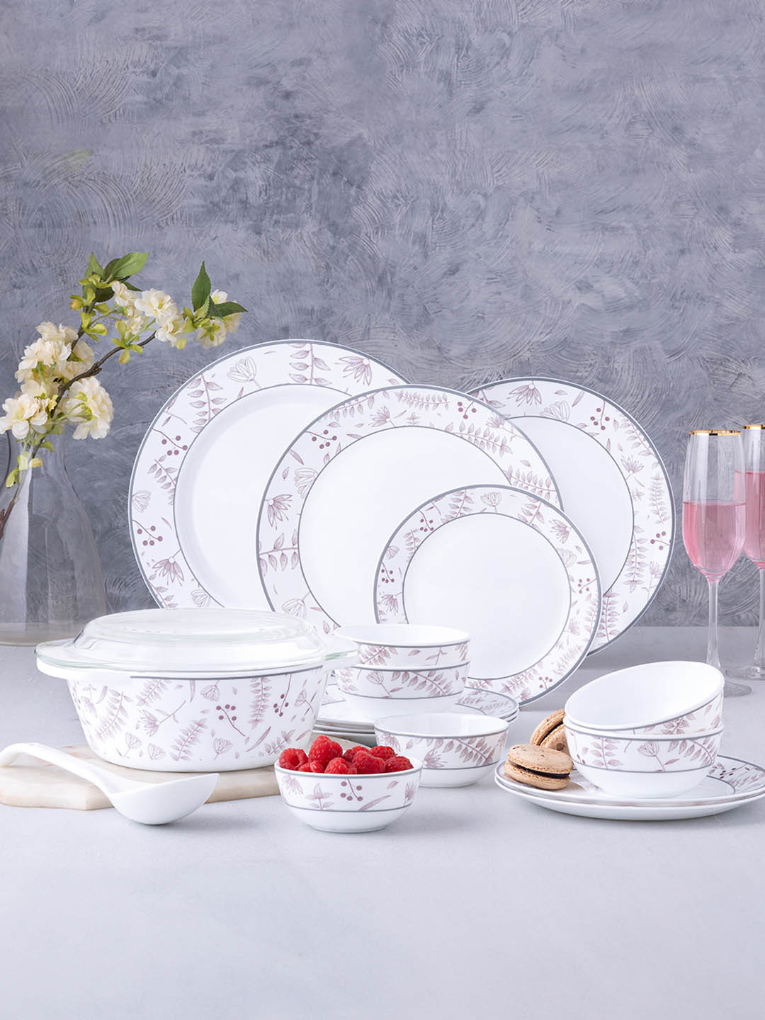 Larah by BOROSIL Premia Series Grandeur White 29 Pieces Printed Opalware Dinner set