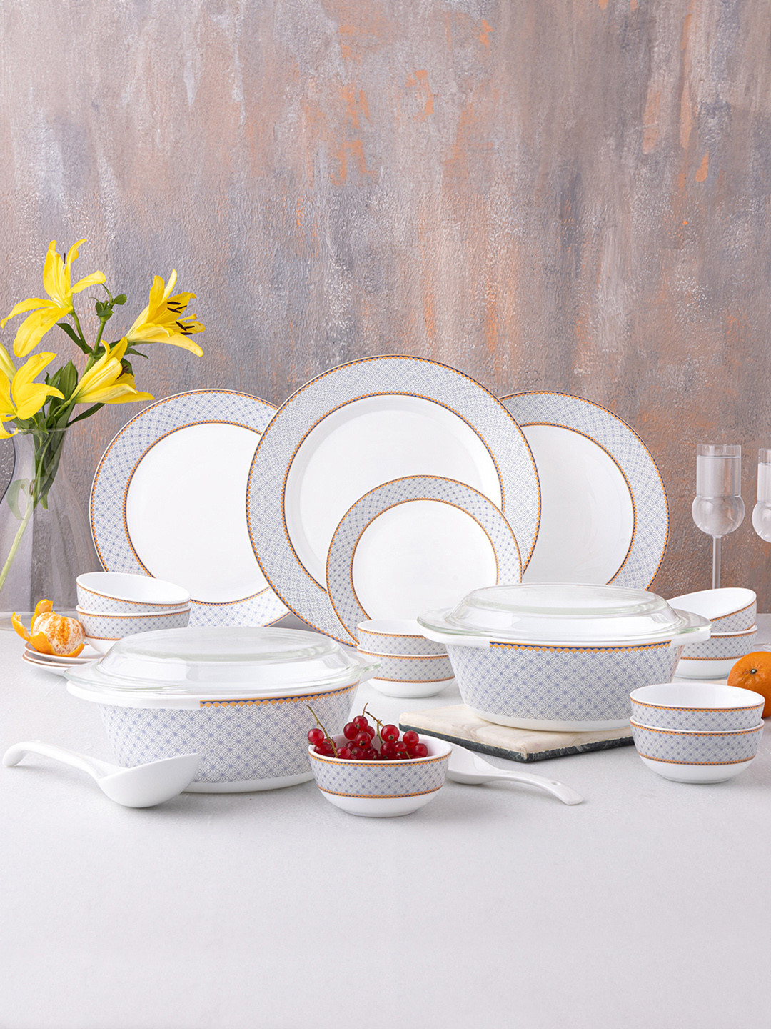 Larah by BOROSIL Premia Series Kosmia 29 Pieces Printed Opalware Dinner set