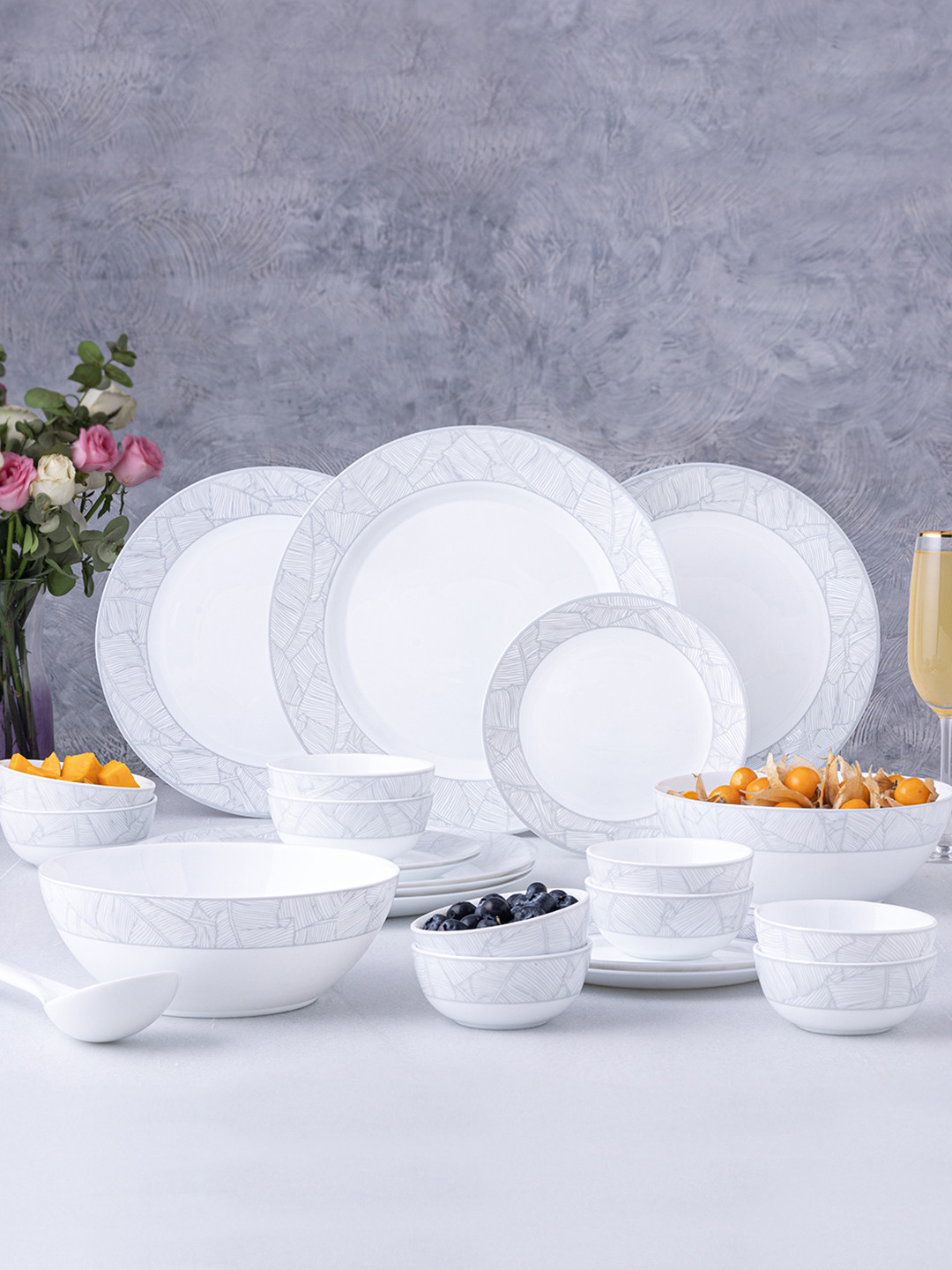 Larah by BOROSIL Premia Series Ivy White & Grey 29 Pieces Printed Opalware Dinner set