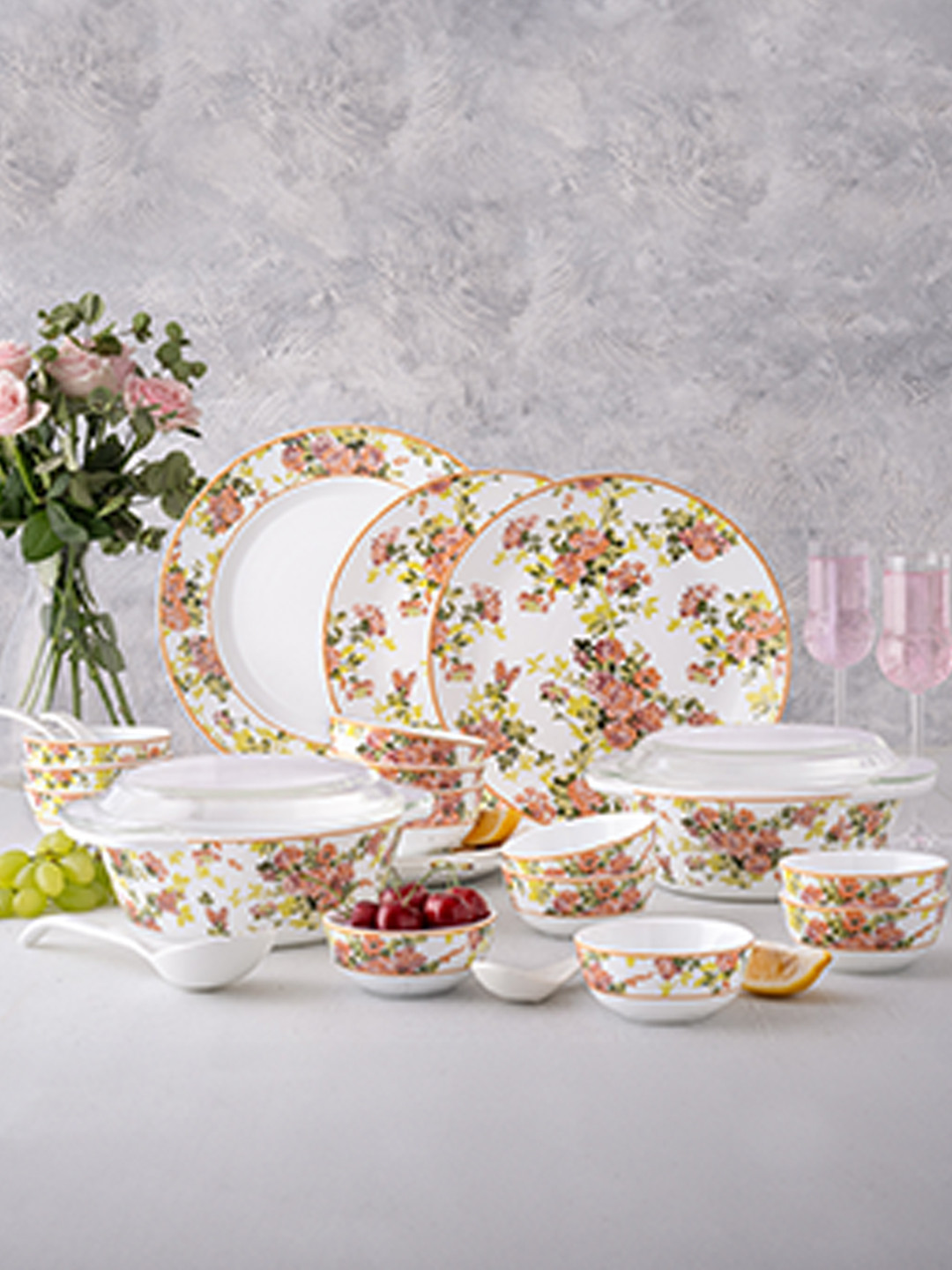 Larah by BOROSIL Premia Series Amora White Floral Opalware Microwave Safe 37 Piece Dinner Set