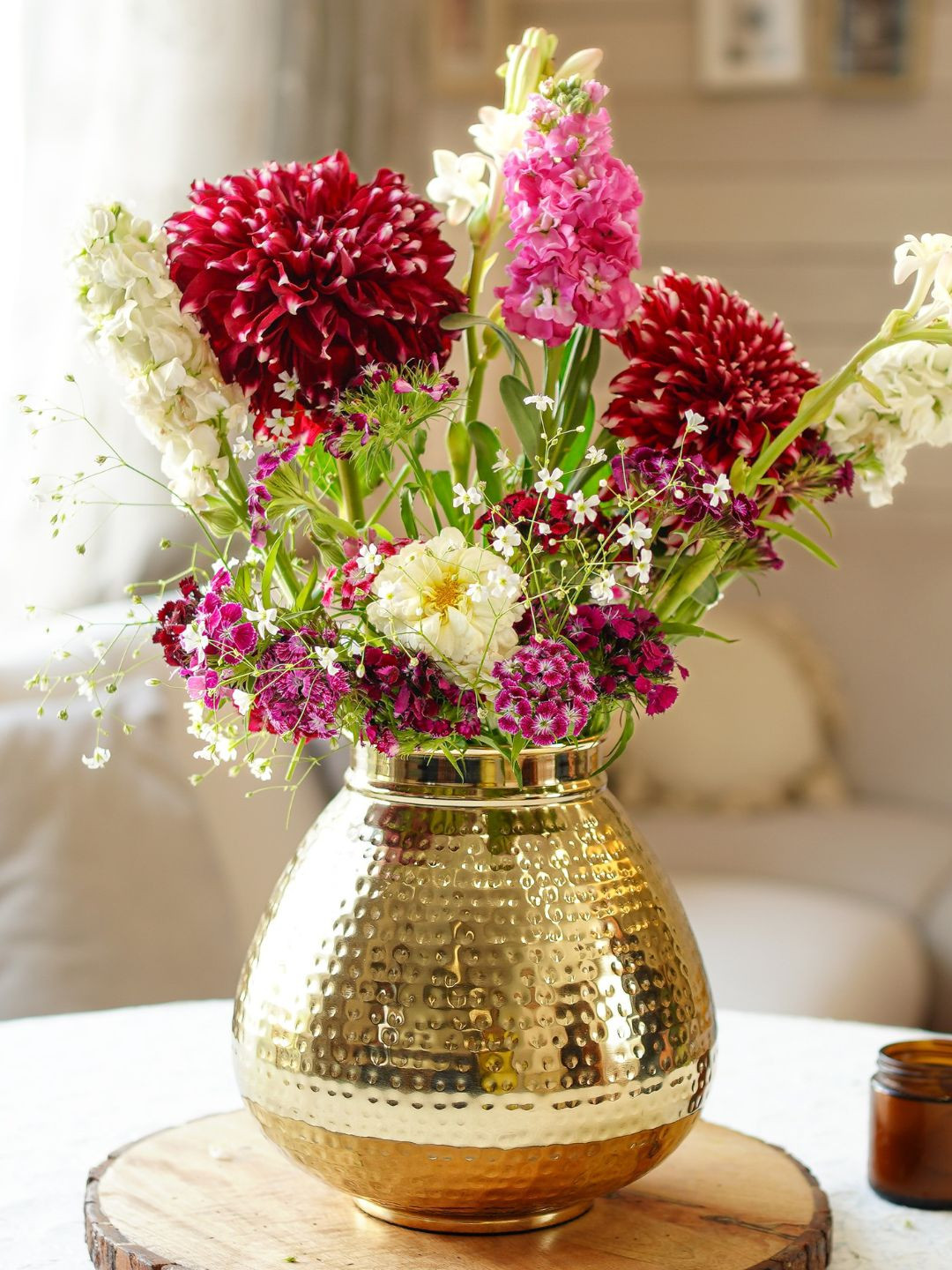 BEHOMA Gold Toned Hammered Matki Flower Vase