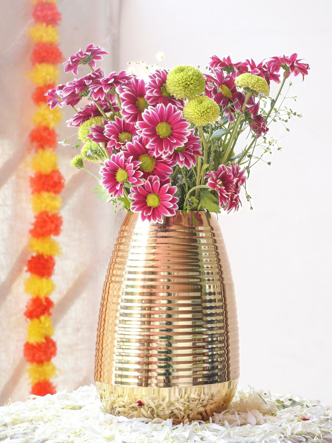 BEHOMA Gold Toned Textured Ribbed Flower Vase