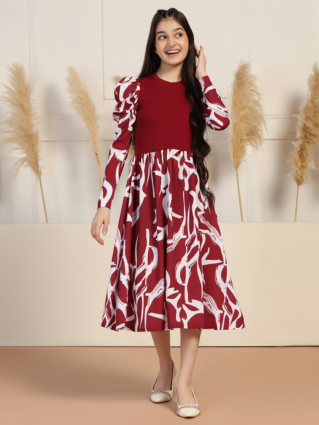 OMPAX Girls Fit & Flare Abstract Midi Dress