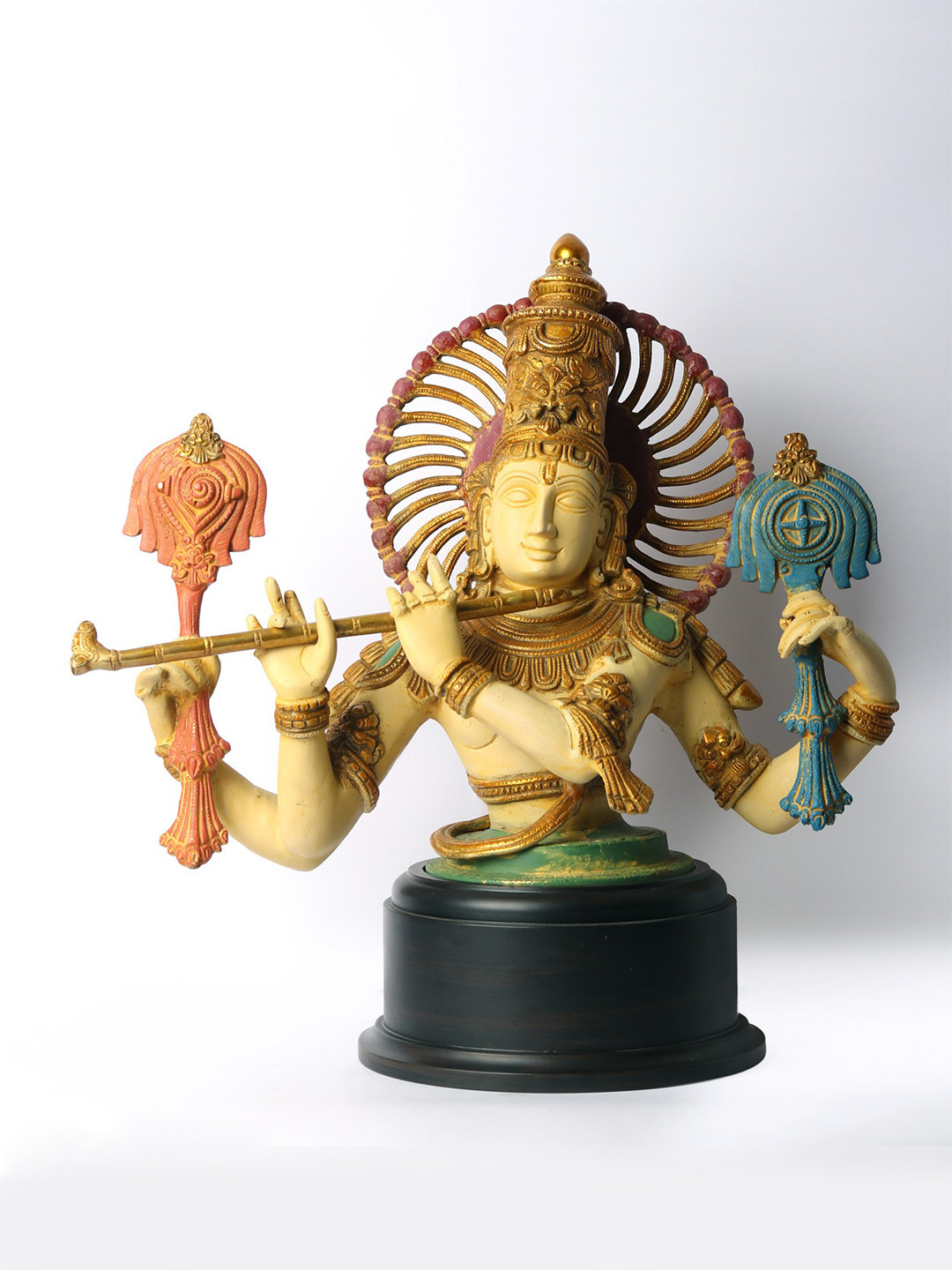 Exotic India Chaturbhuja Venugopal on Base Cream Brass Metallic Prayer Room Large Showpiece - 18 Inches