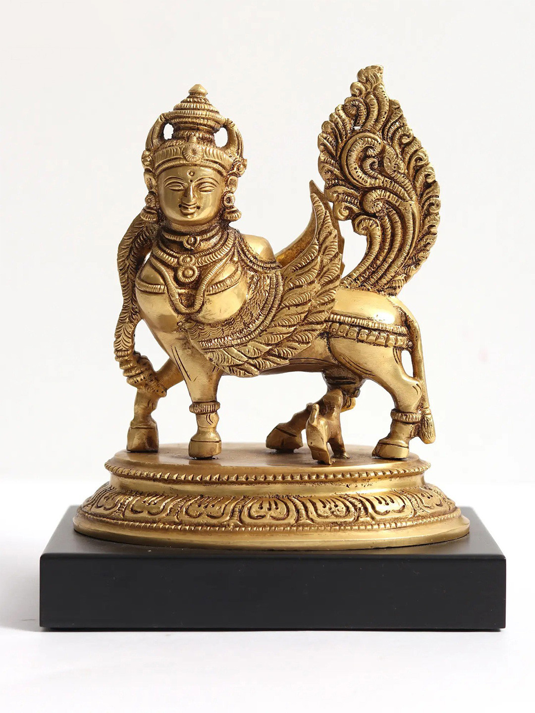 Exotic India Amadhenu Cow and Calf Gold Brass Metallic Prayer Room Small Showpiece - 4.3 Inches