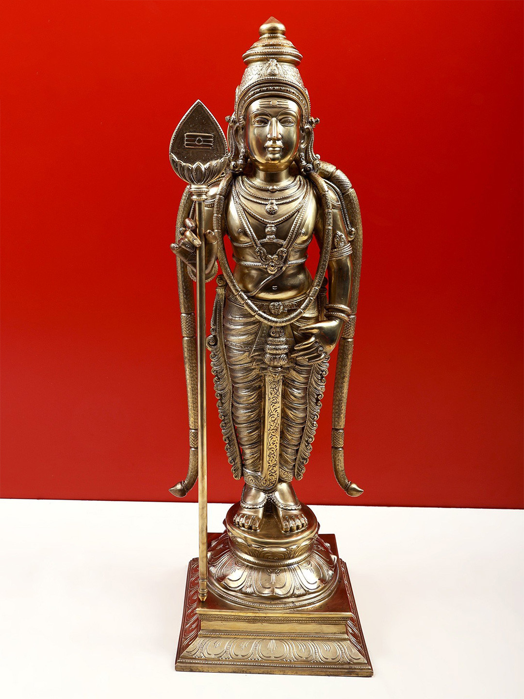 Exotic India Karttikeya Gold Bronze Metallic Prayer Room Extra Large Showpiece - 26 Inches