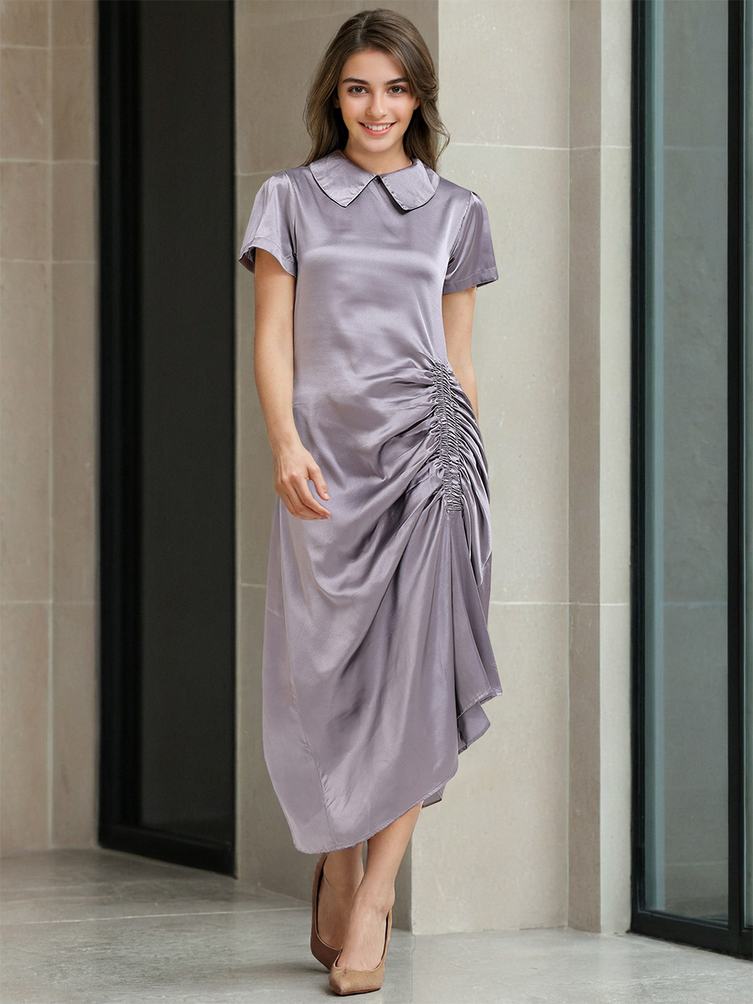 Freehand by The Indian Garage Co Peter Pan Collar Geathered Midi Dress