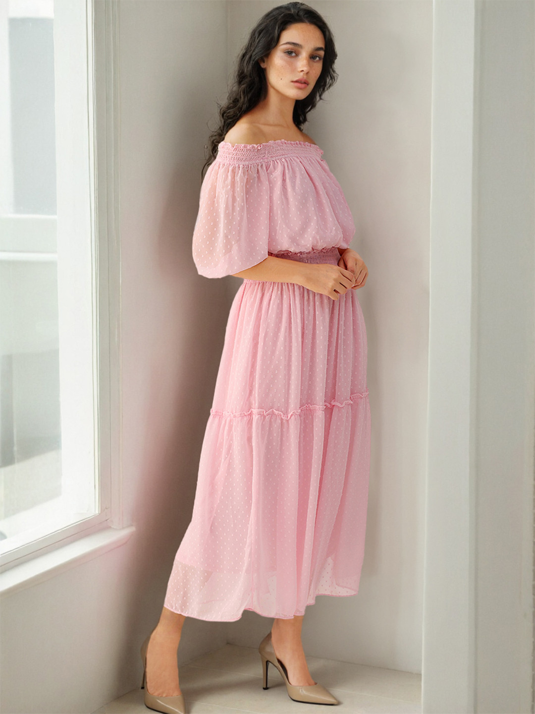 Freehand by The Indian Garage Co Off-Shoulder Puff Sleeve Fit & Flare Midi Dress