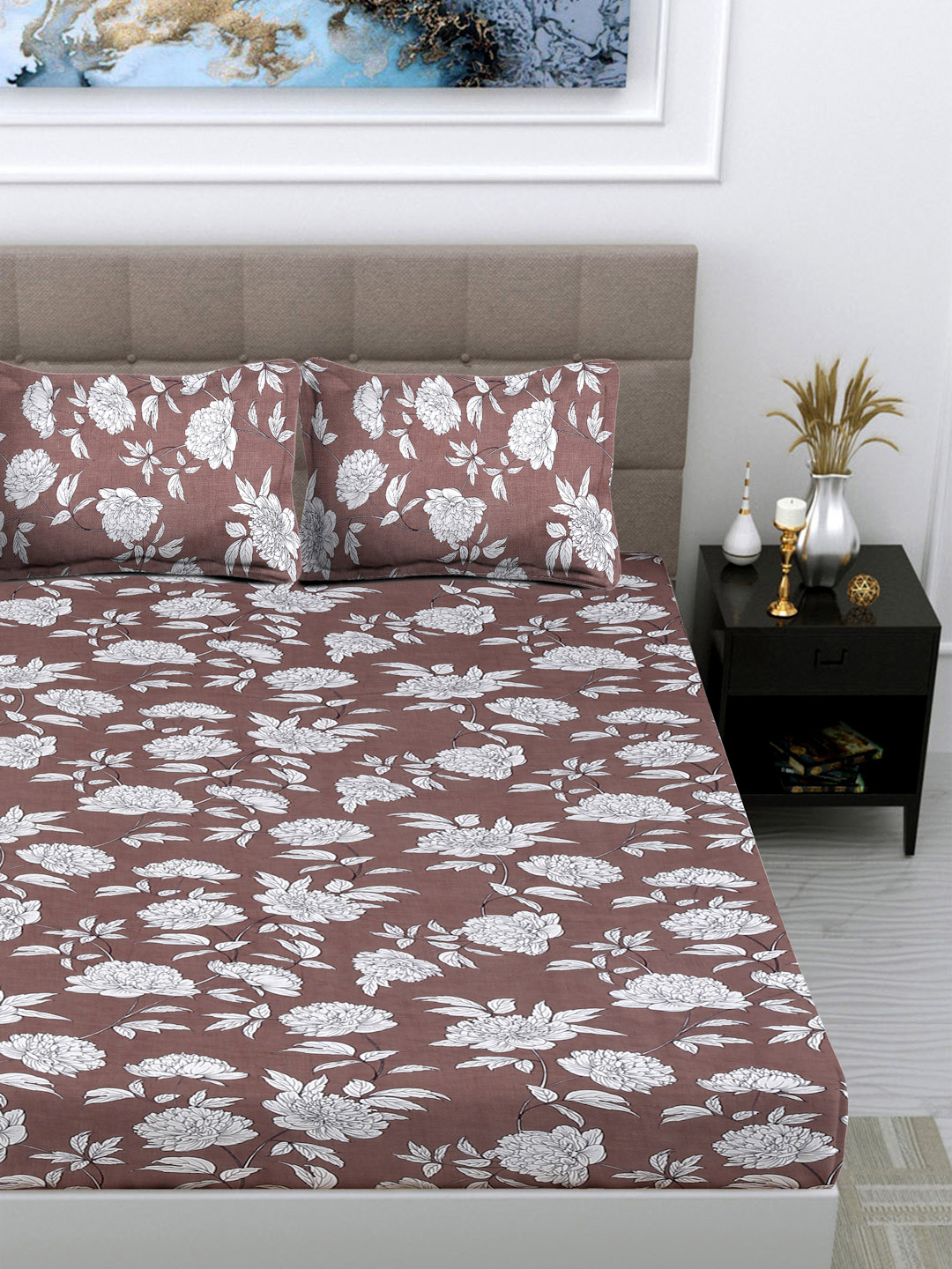 FABINALIV Live Beautiful Brown Floral Cotton Breathable 300 TC King Fine Bedsheet with 2 Pillow Covers-98 x 89 inches
