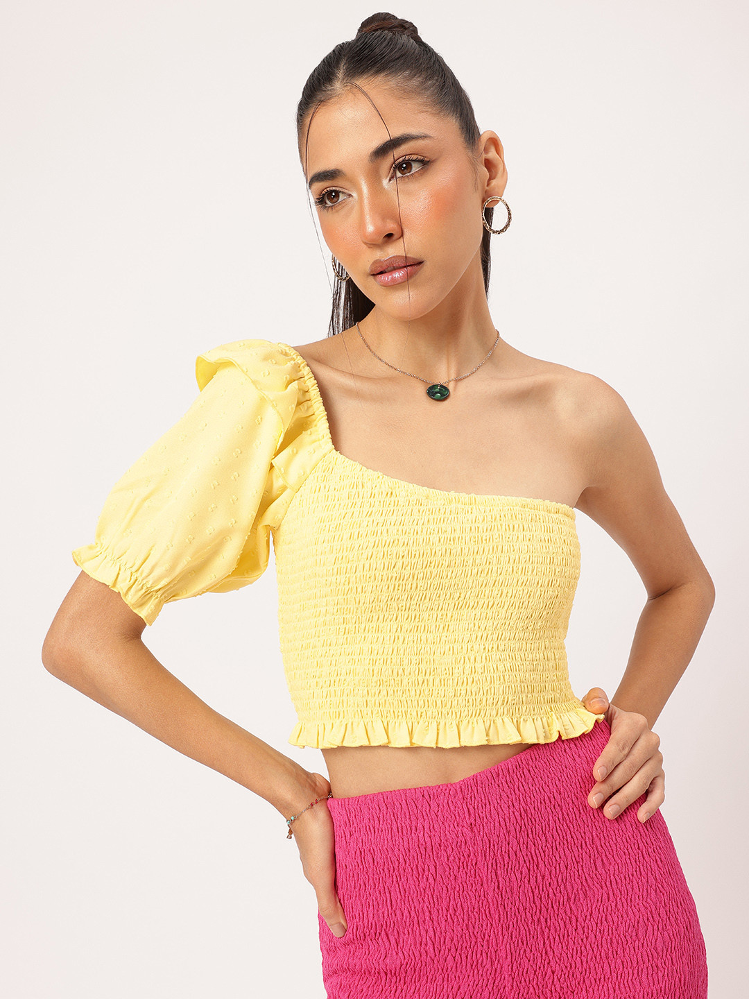 DressBerry One-Shoulder Ruffle Smocked Top