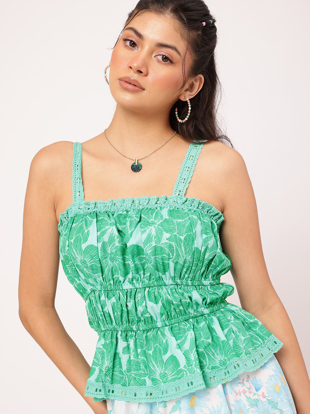 DressBerry Tropical Printed Schiffli Lace Cinched Waist Top