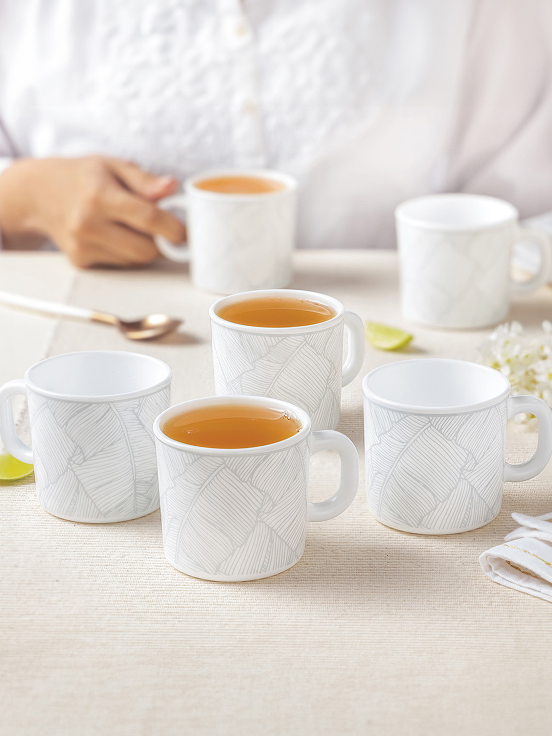 Larah by BOROSIL Premia Series White & Blue 6 Pieces Leaf Printed Opalware Mugs 180ml Each