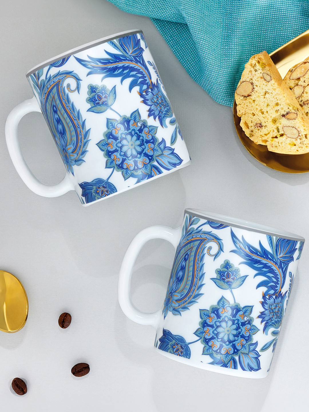 Larah by BOROSIL Personalised Love White Floral Opalware Handmade 2 Piece Mugs-320ml