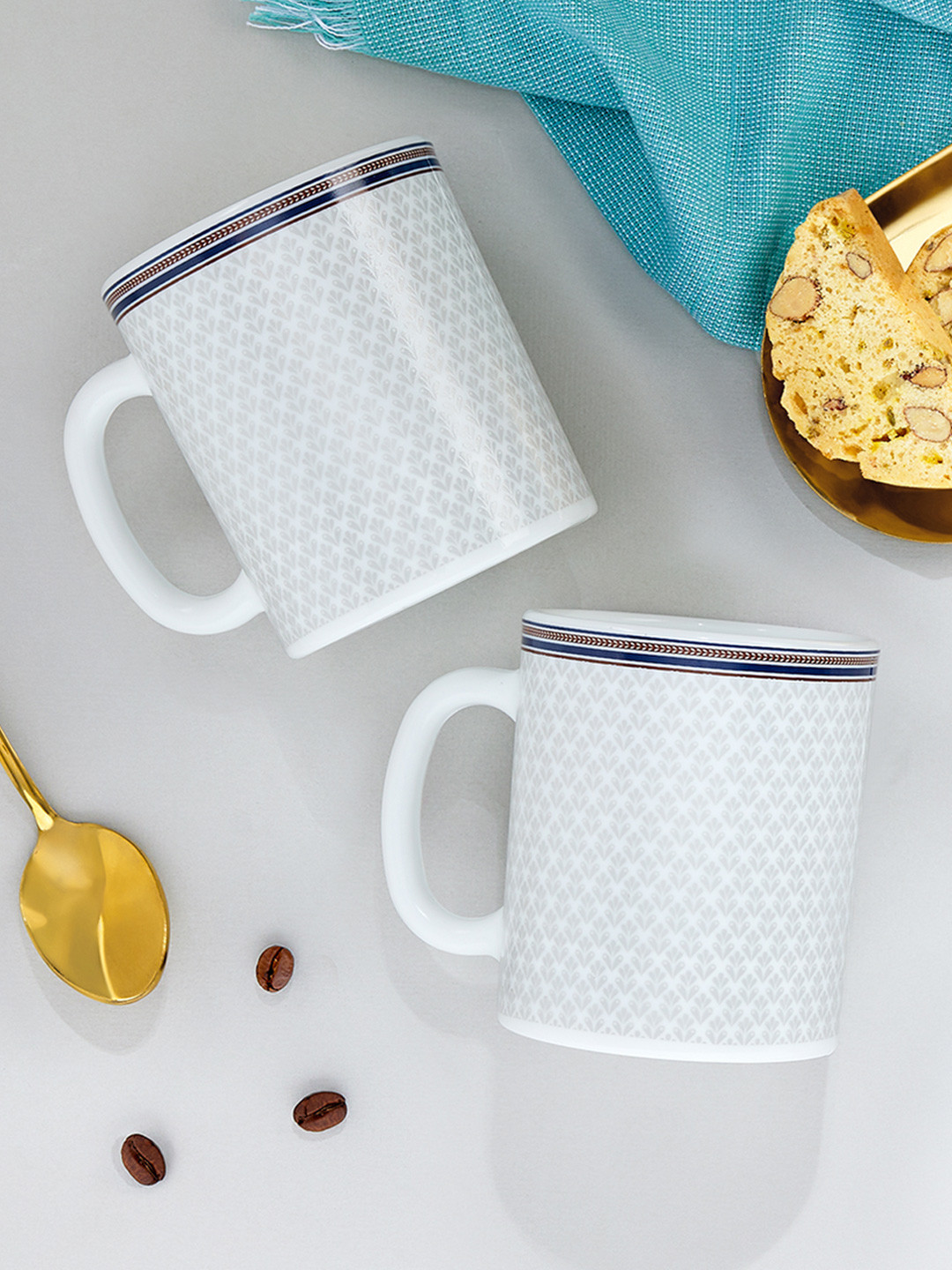 Larah by BOROSIL Premia Series Starlight White & Blue 2Pc Printed Opalware Mugs 320ml Each