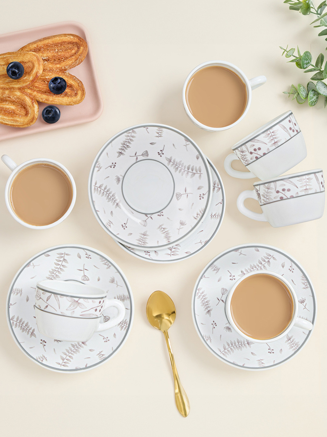 Larah by BOROSIL Premia Series Grandeur White 12 Pieces Printed Cups & Saucer 140ml Each