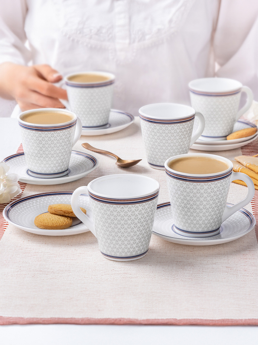 Larah by BOROSIL Premia Series Starlight White 12Pcs Printed Cups & Saucer 160ml Each