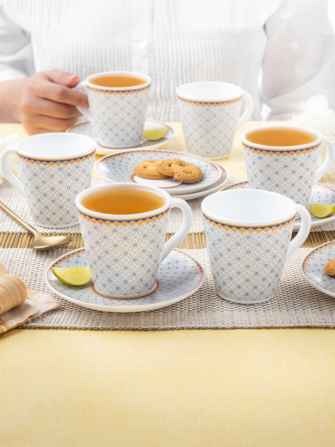 Larah by BOROSIL Premia Series Kosmia White 12pc Printed Mug and Saucer 160ml Each