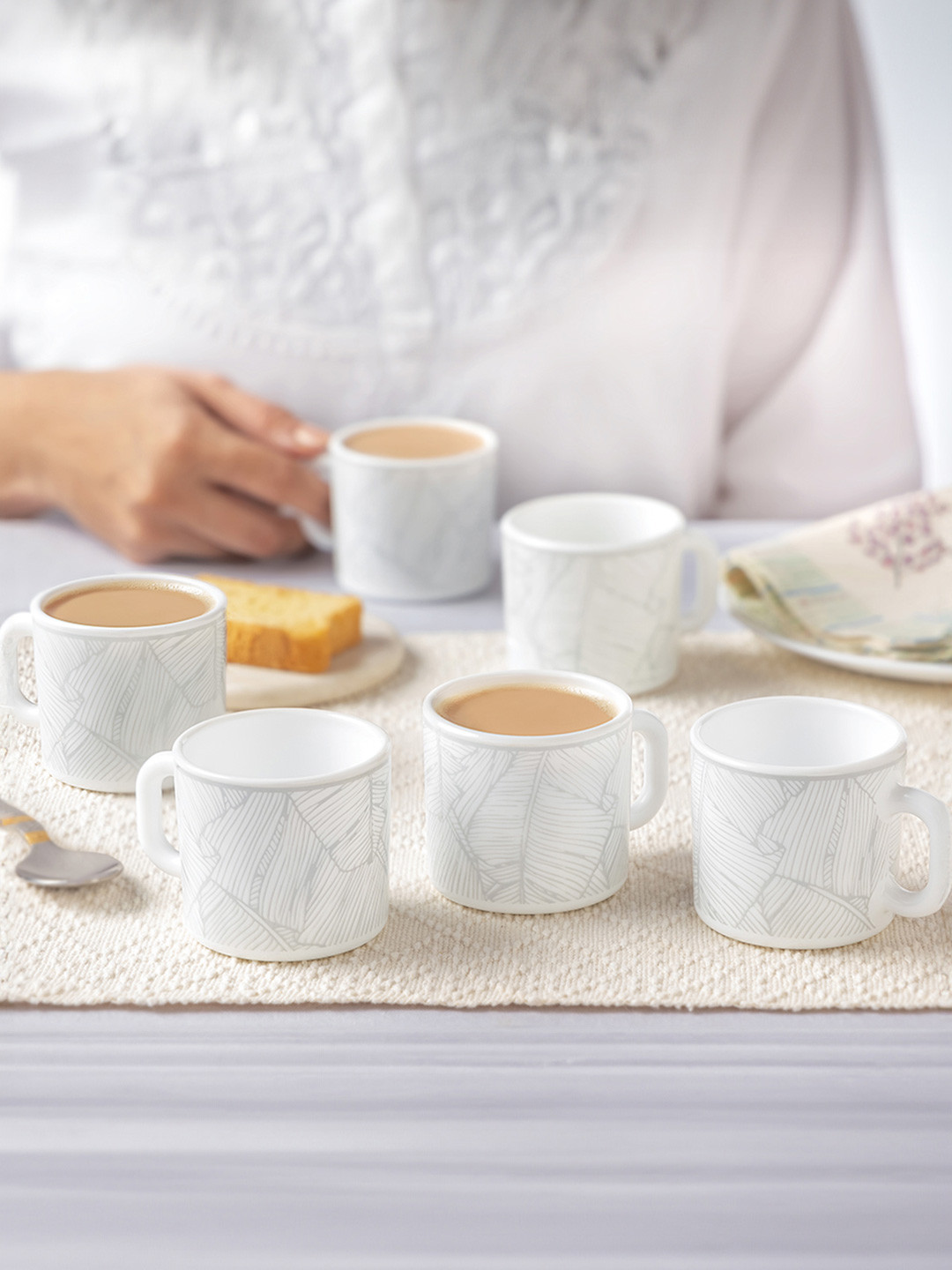 Larah by BOROSIL White-Crowned Parrot White Leaf Opalware Microwave Safe 6 Piece Mugs-100ml