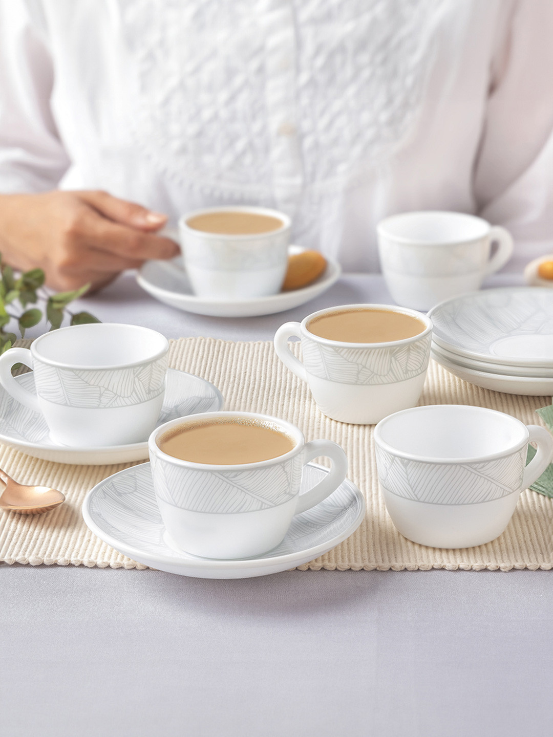Larah by BOROSIL Premia Series Amora White 12 Pcs Floral Printed Cup and Saucer 140ml Each