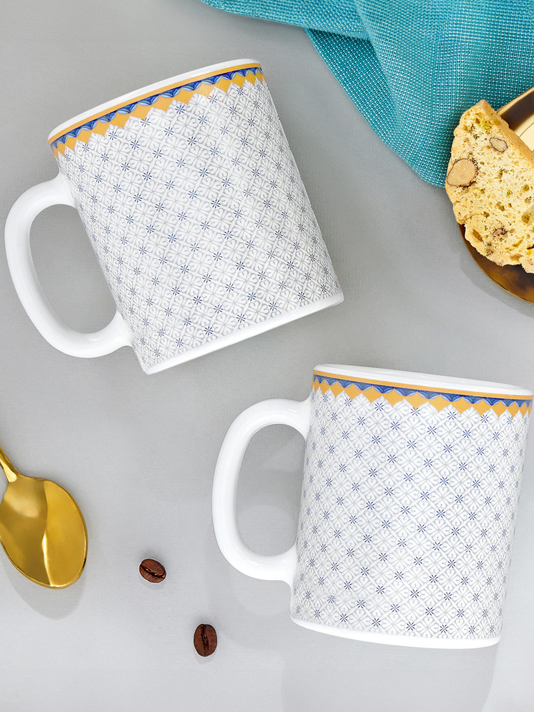 Larah by BOROSIL White Ethnic Motifs Opalware Microwave Safe 2 Piece Mugs-320ml
