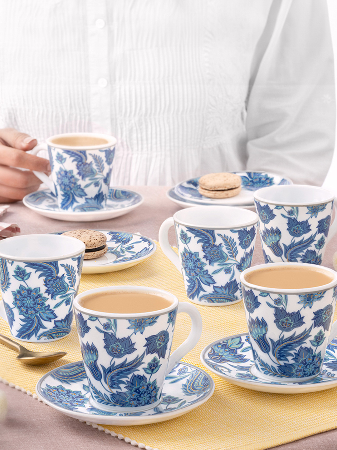 Larah by BOROSIL Premia Series New Iris White 12pcs Printed Cup and Saucer 160ml Each