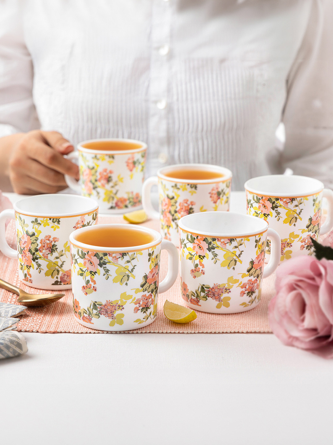Larah by BOROSIL Premia Series Amora White 6 Pcs Floral Printed Opalware Mugs 180 ml Each