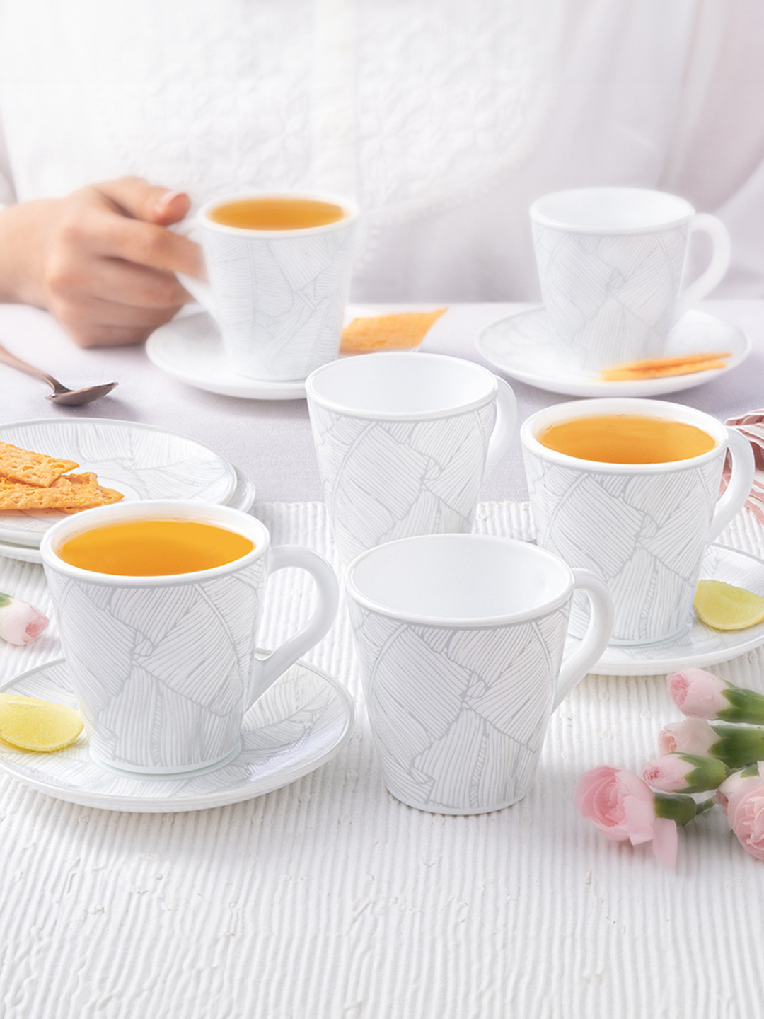 Larah by BOROSIL Premia Series Ivy White 12pcs Leaf Printed Cup and Saucer 160ml Each