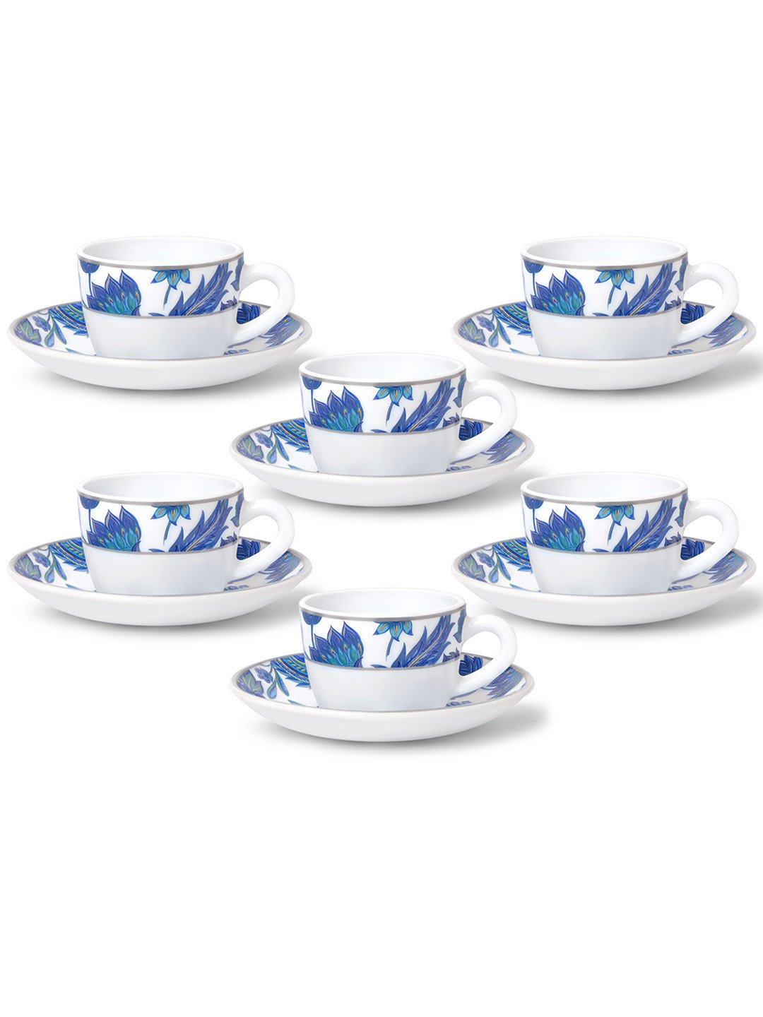 Larah by BOROSIL Premia Series New Iris White 12pc Floral Printed Cup & Saucer 140ml Each
