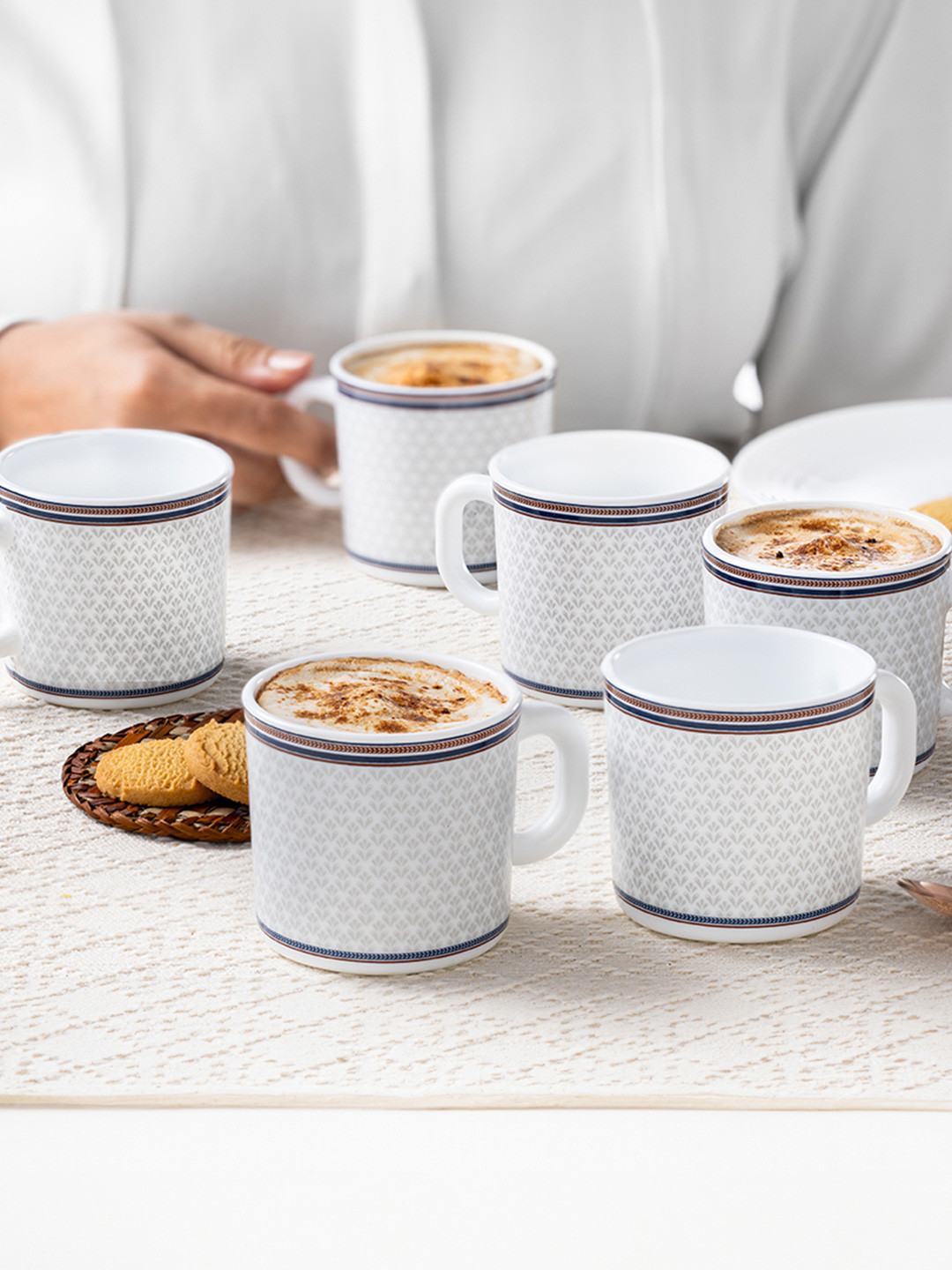 Larah by BOROSIL Premia Series Starlight White & Grey 6Pc Printed Opalware Mugs 180ml Each