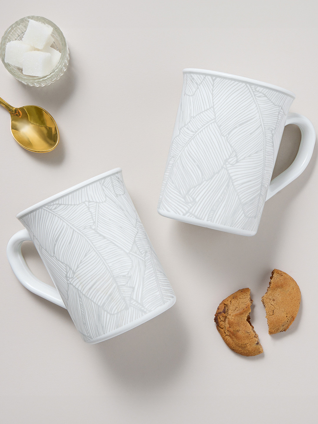 Larah by BOROSIL Summer Glow White Leaf Opalware Handmade 2 Piece Mugs-350ml