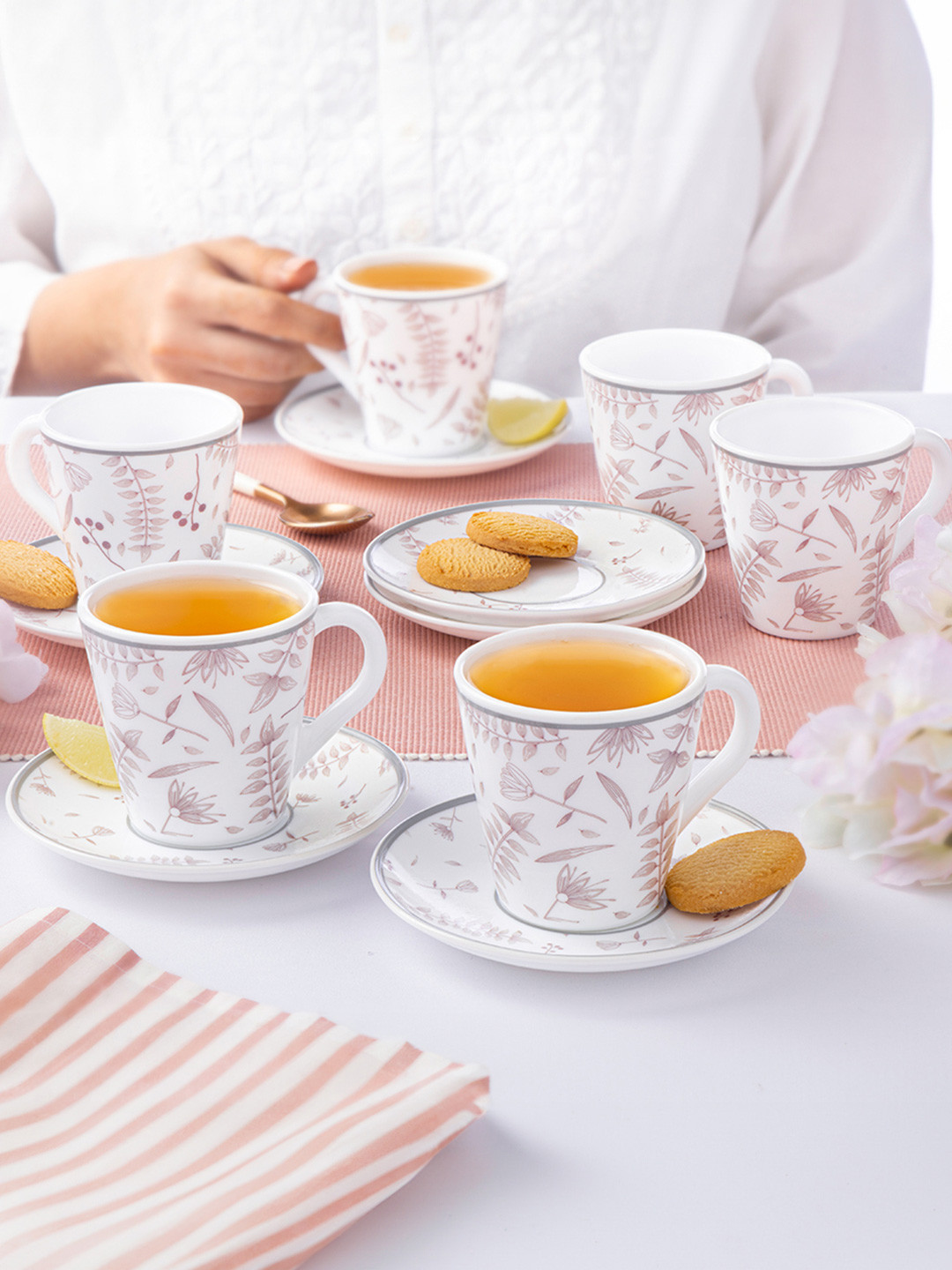 Larah by BOROSIL Premia Series Grandeur White 12pc Floral Printed Cup & Saucer 160ml Each